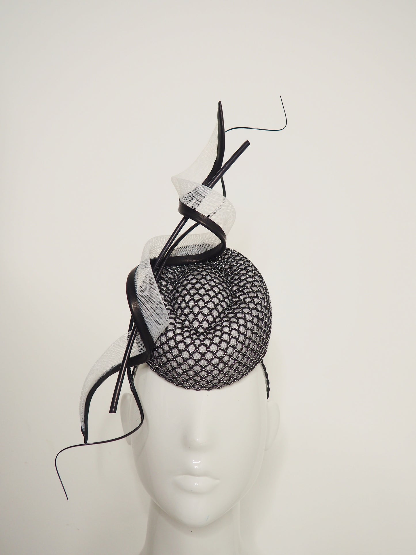 Derby Dare - Pork pie pillbox with black textured mesh, black and white crinoline swirl with quills