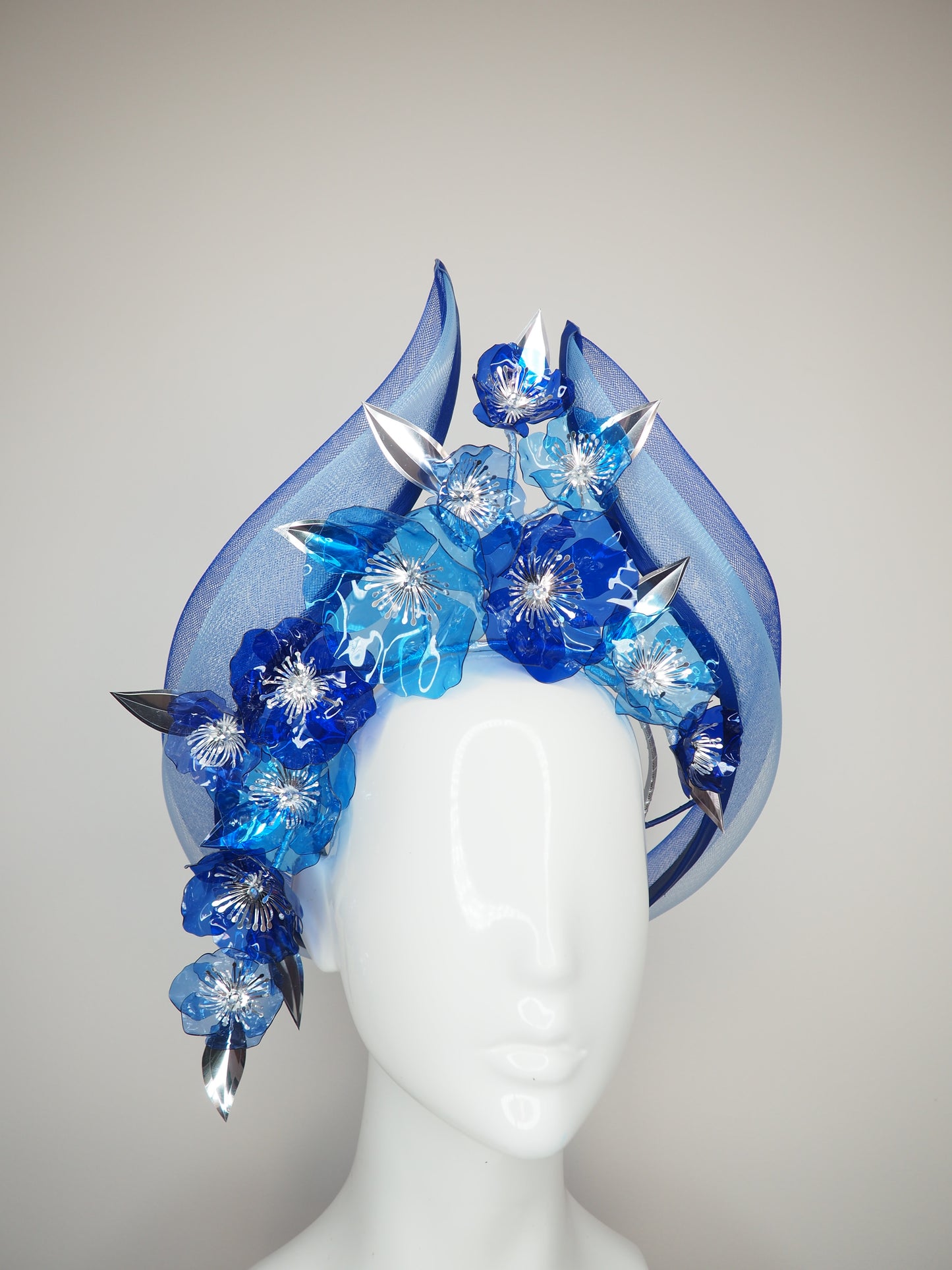 Blue without you - Blue wired headband with crinoline flourish and crystoform flower cascade
