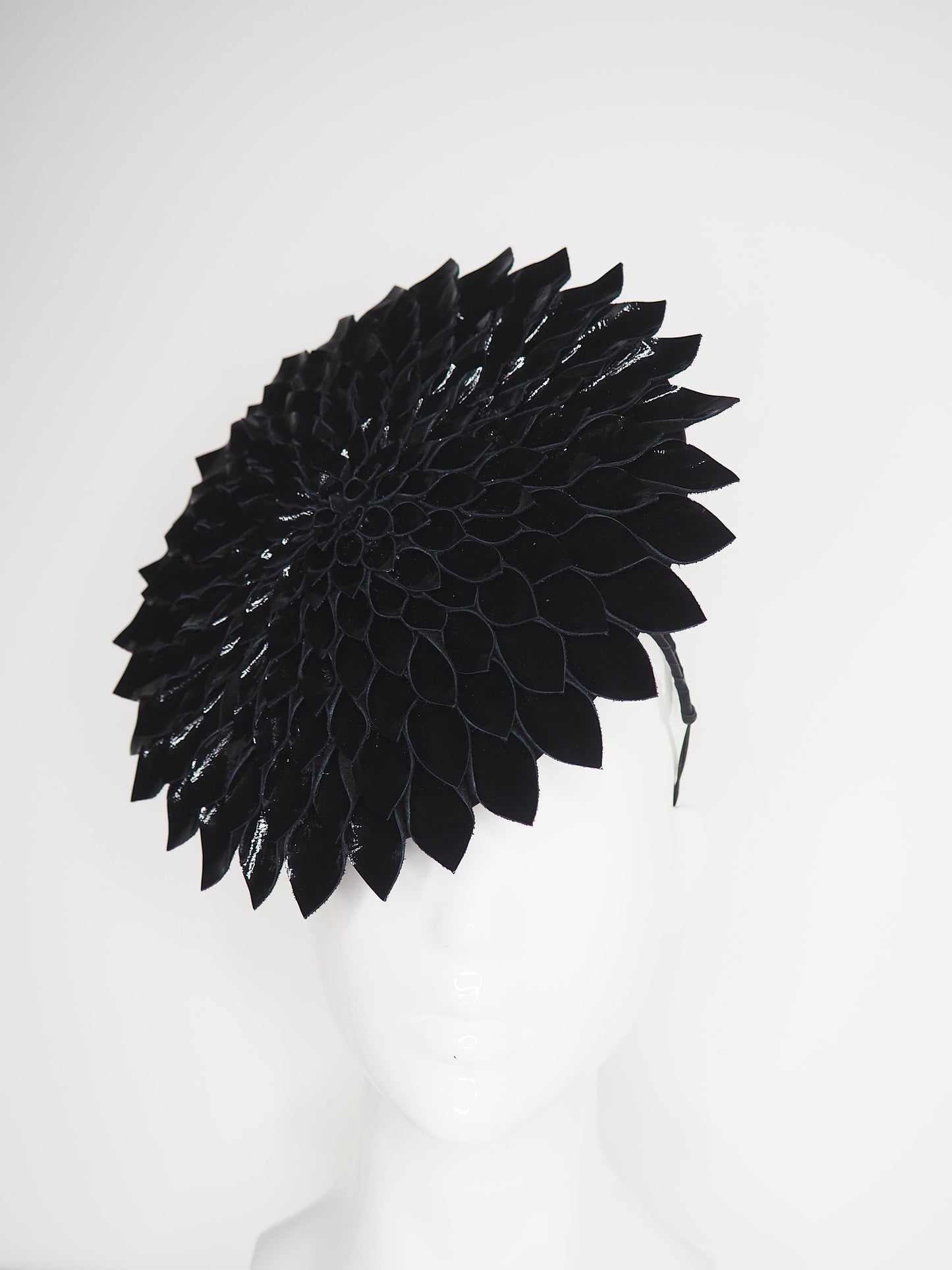 Dahlia - Black Patent Leather Percher disc with leather petal detail