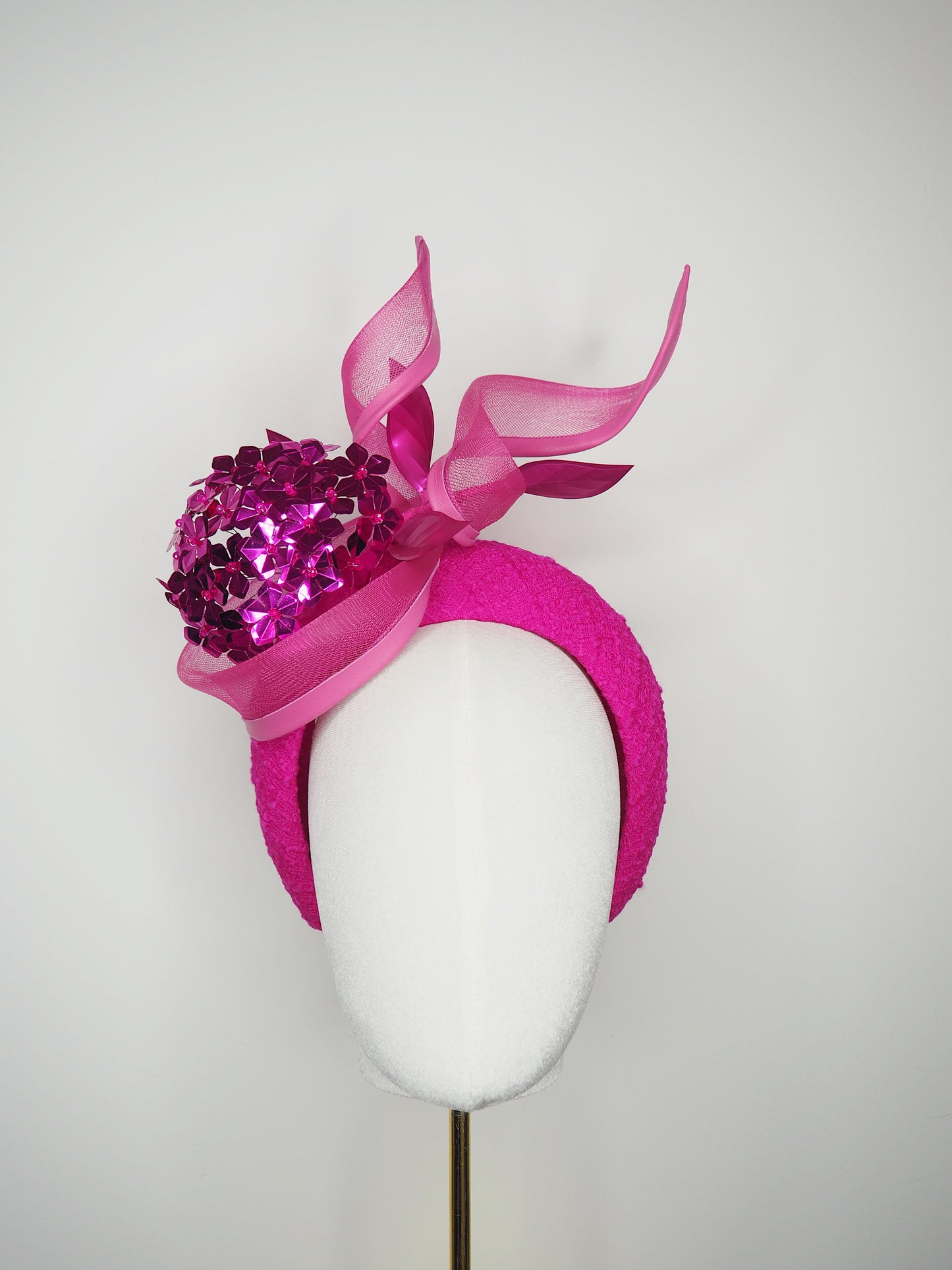 Magenta Mystery - Magenta tweed 3d headband with crinoline swirl and sequin flower ball