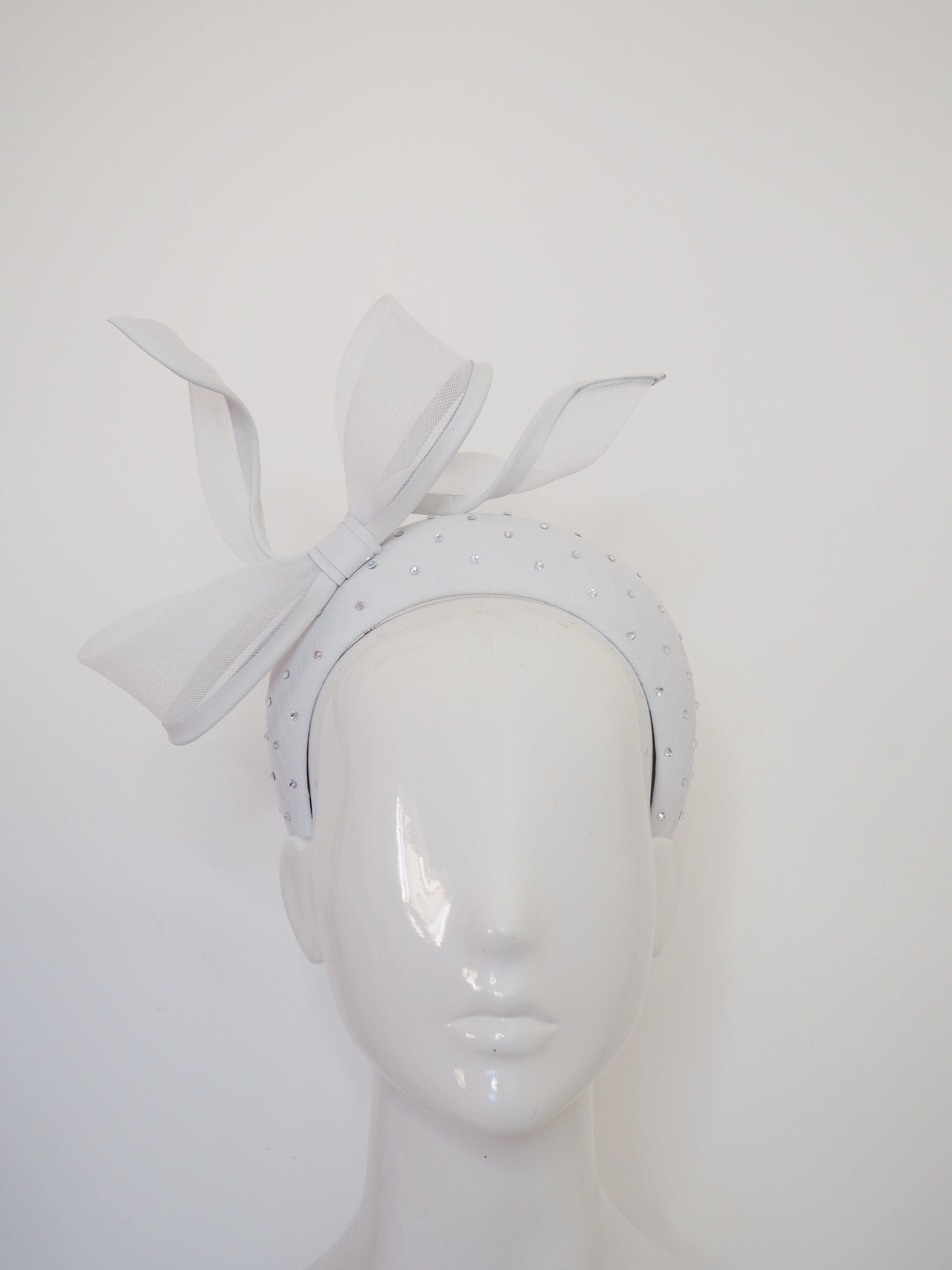 Little Bow Peep -White Leather 3d headband with leather edged bow and crystal detail