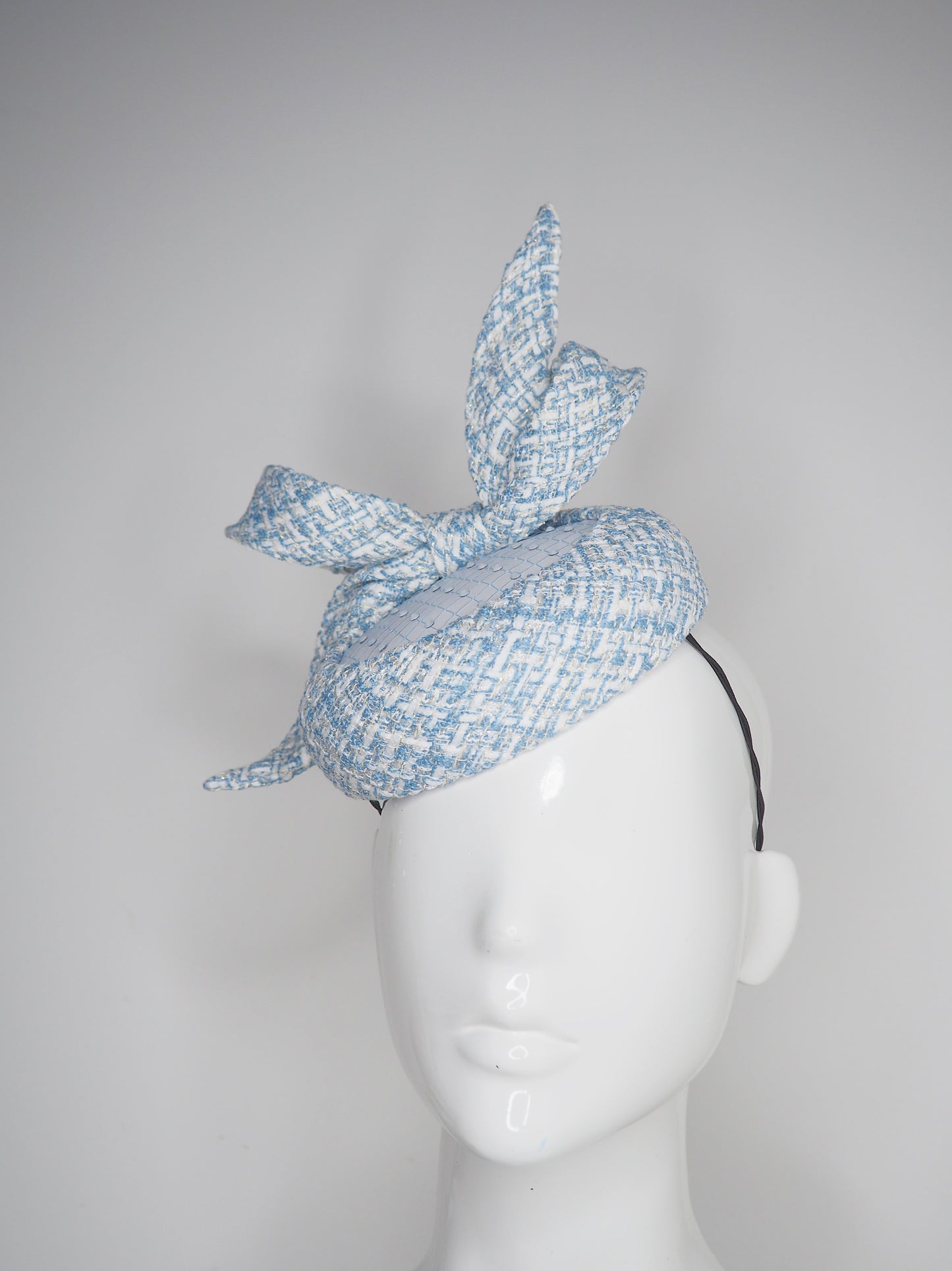 Blue Belle - Blue tweed button base with wired tweed bow and crystal veil