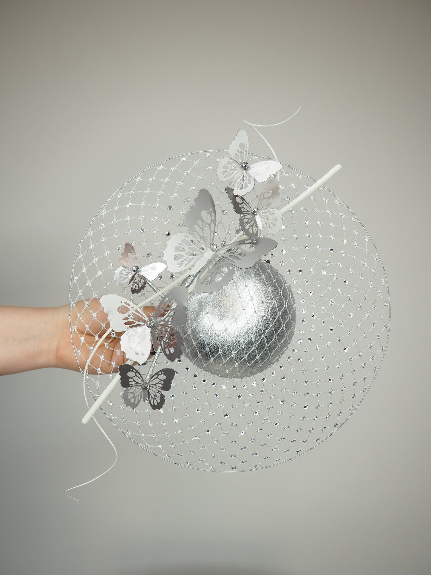 Taking Flight - Silver leather veiled percher with crystoform butterflies
