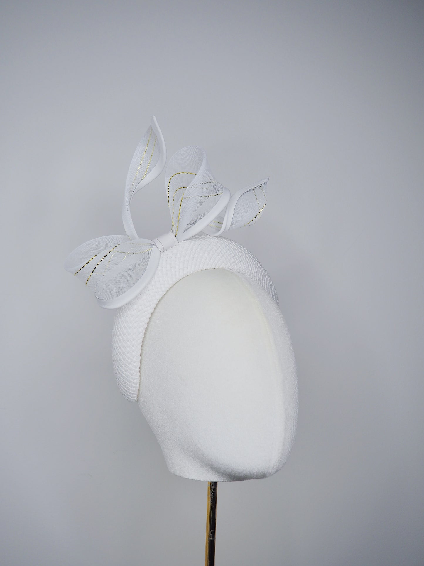 Little Bow Peep -White cotton and raffia 3d headband with leather gold lurex edged bow