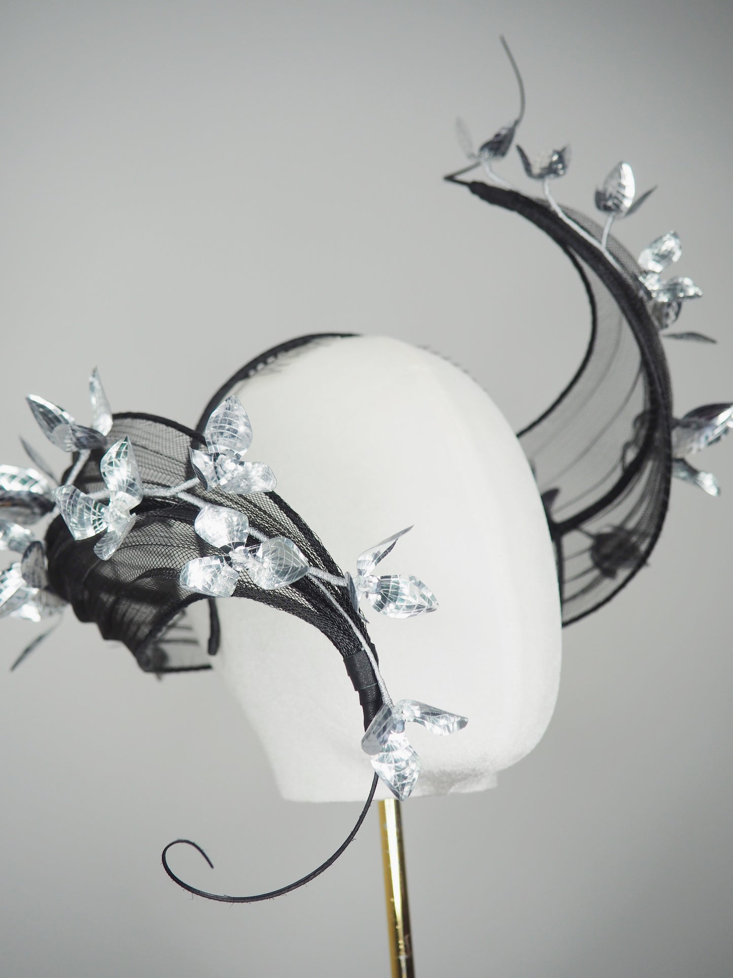 Twilight blossom - Sculptural wire pleated crinoline swirl headband with silver floral accent