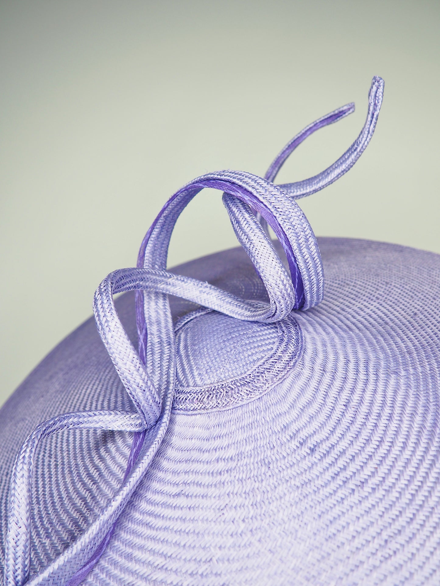 Lilac Loop - lilac hand dyed straw brim coolie with a crinoline edged straw swirl and wired straw loop.