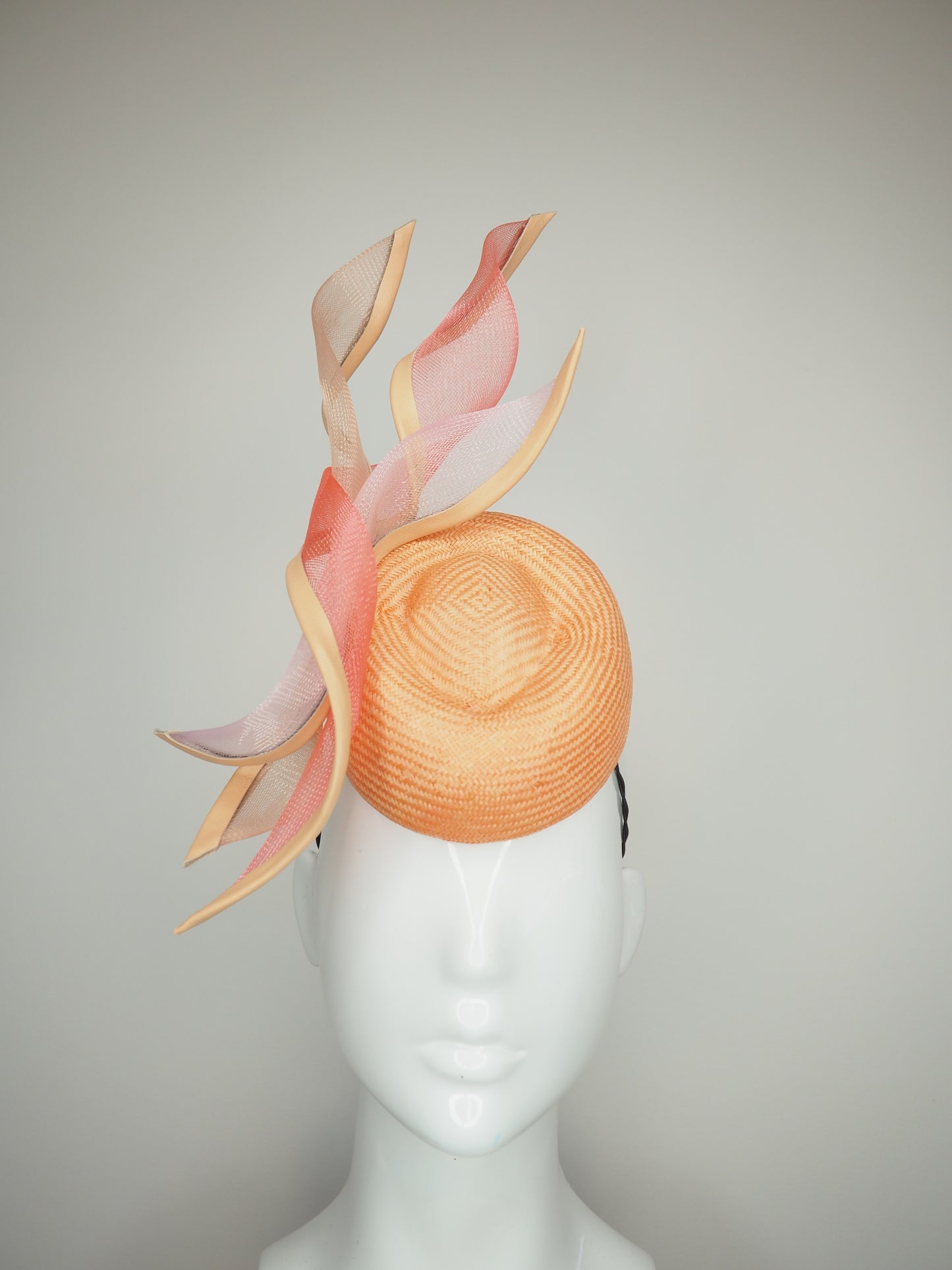 Just Peachy - Mandarin parisisal straw porky pie pillbox with leather edged crinoline swirls