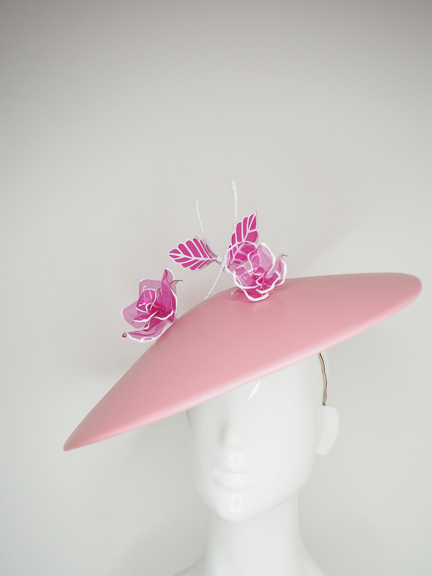 Pastel with a pop - Baby pink and white leather Coolie brim with shades of pink crystoform rose