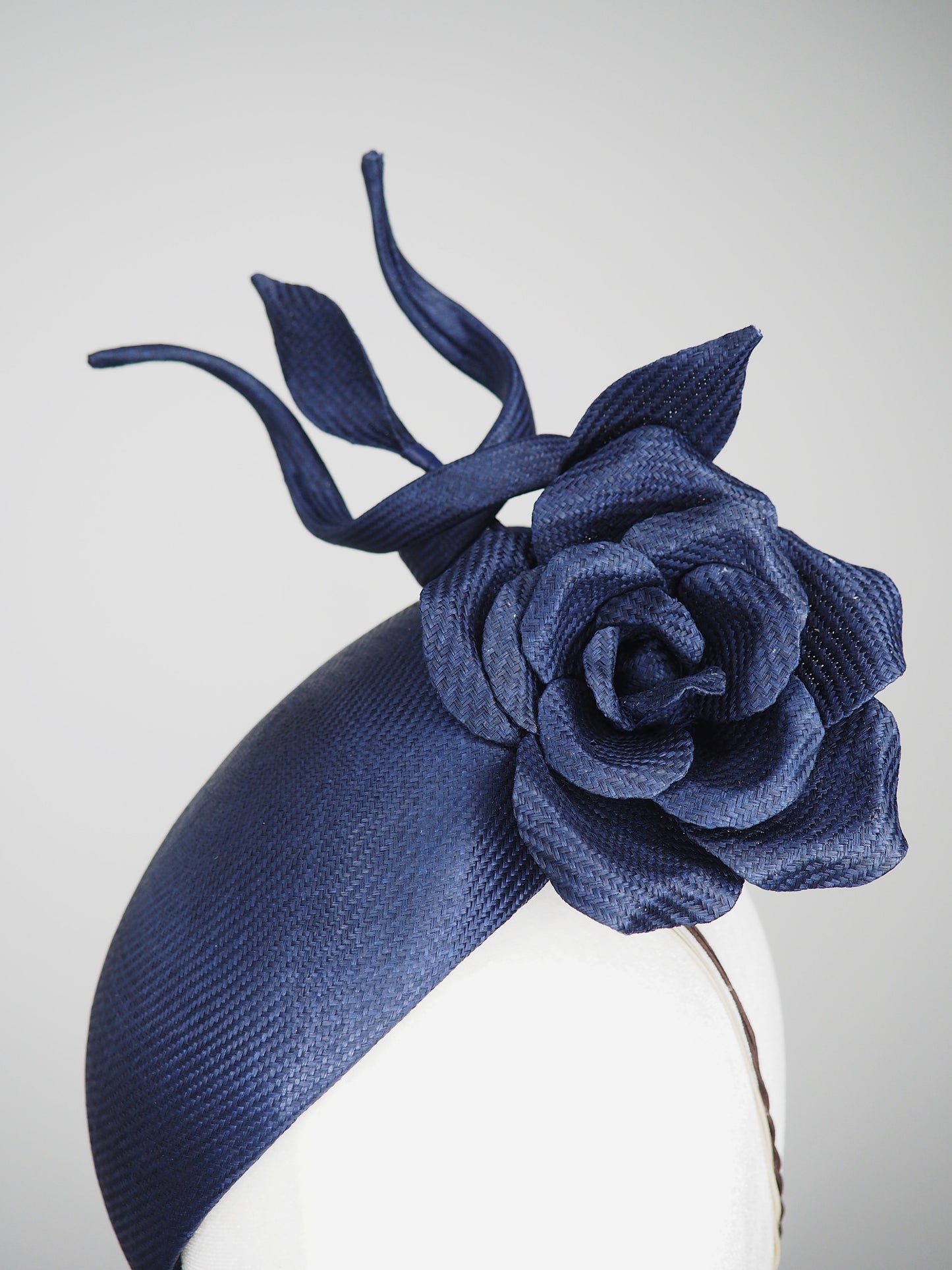 Ink in Bloom - ultra fine vintage Ink navy Blue straw headpiece with hand-sculpted rose and wired swirls