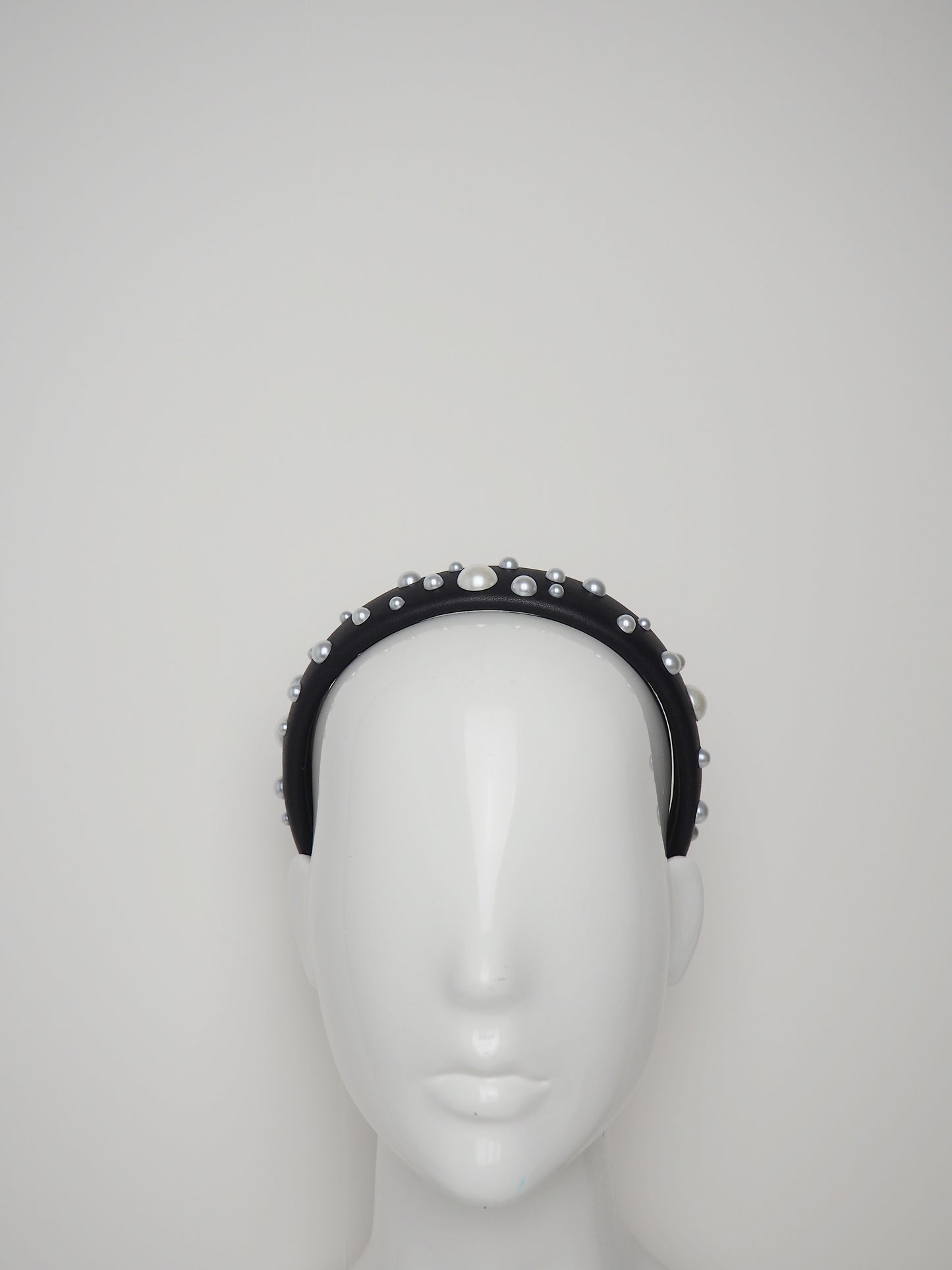 Zoe Pearl - Black Leather padded headband with pearl detail