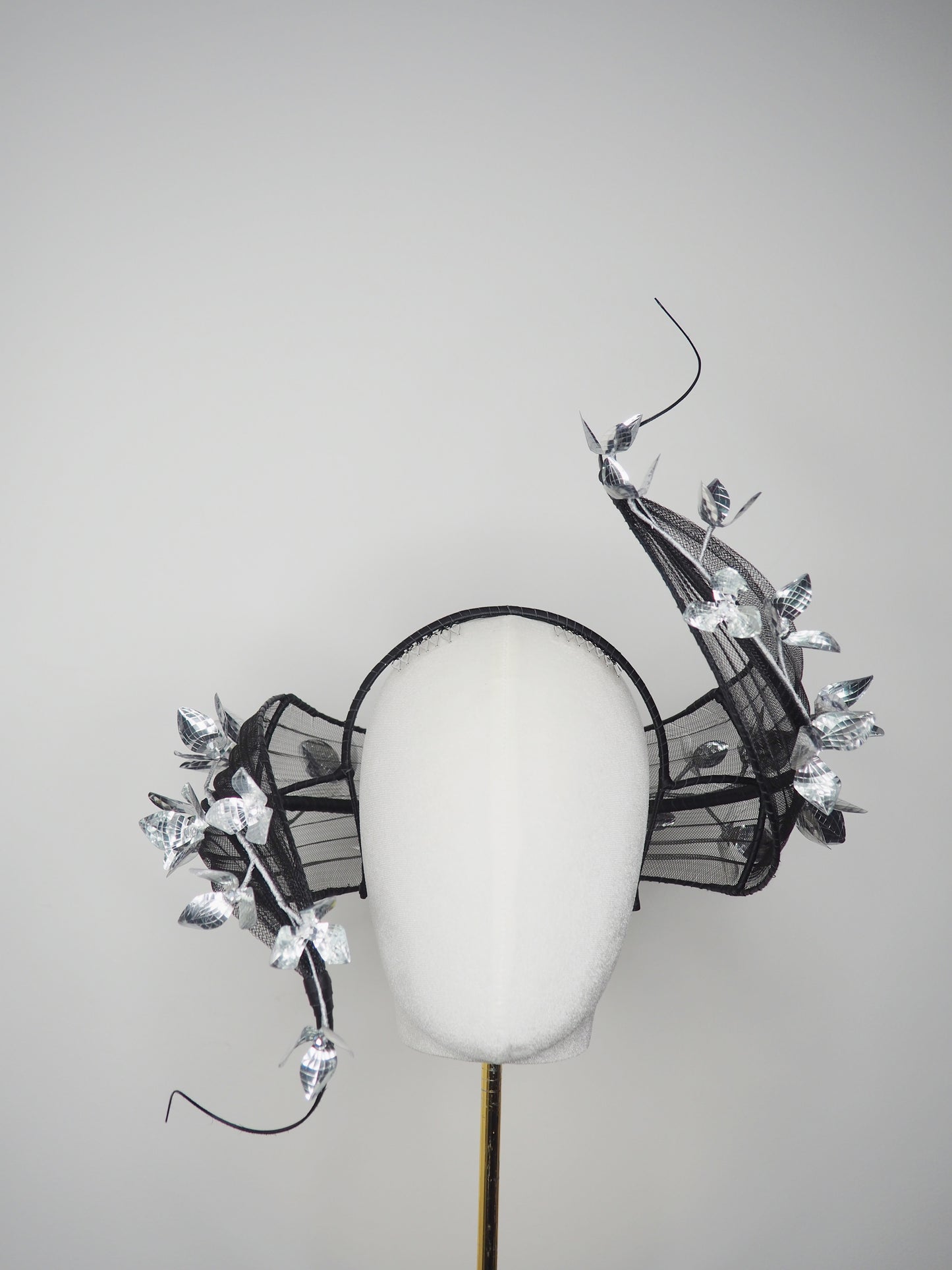 Twilight blossom - Sculptural wire pleated crinoline swirl headband with silver floral accent