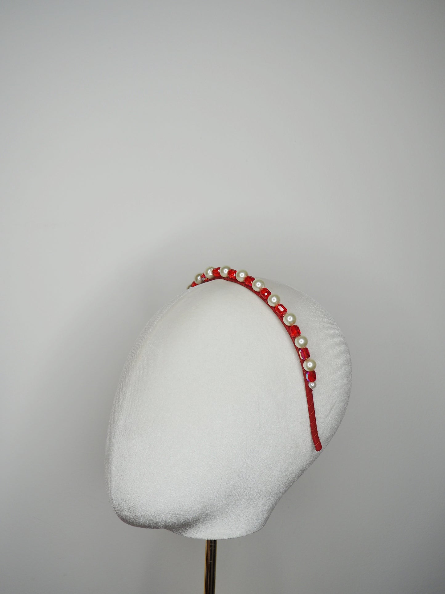 Alexa - red glass bead and pearl headband with delicate iridescent effect