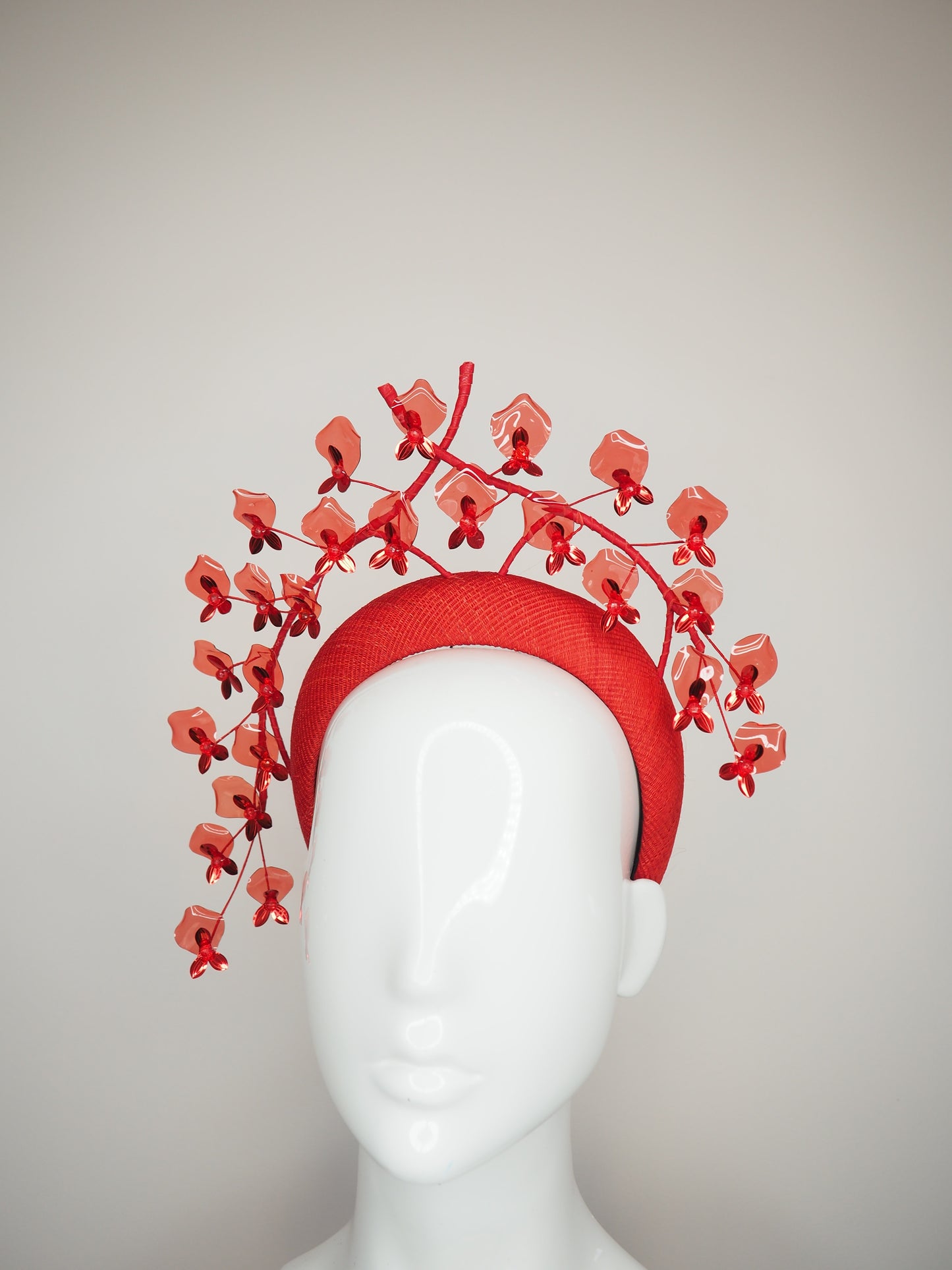 Scarletta - Red tinilac straw 3D headband with draping crystoform wisteria flowers
