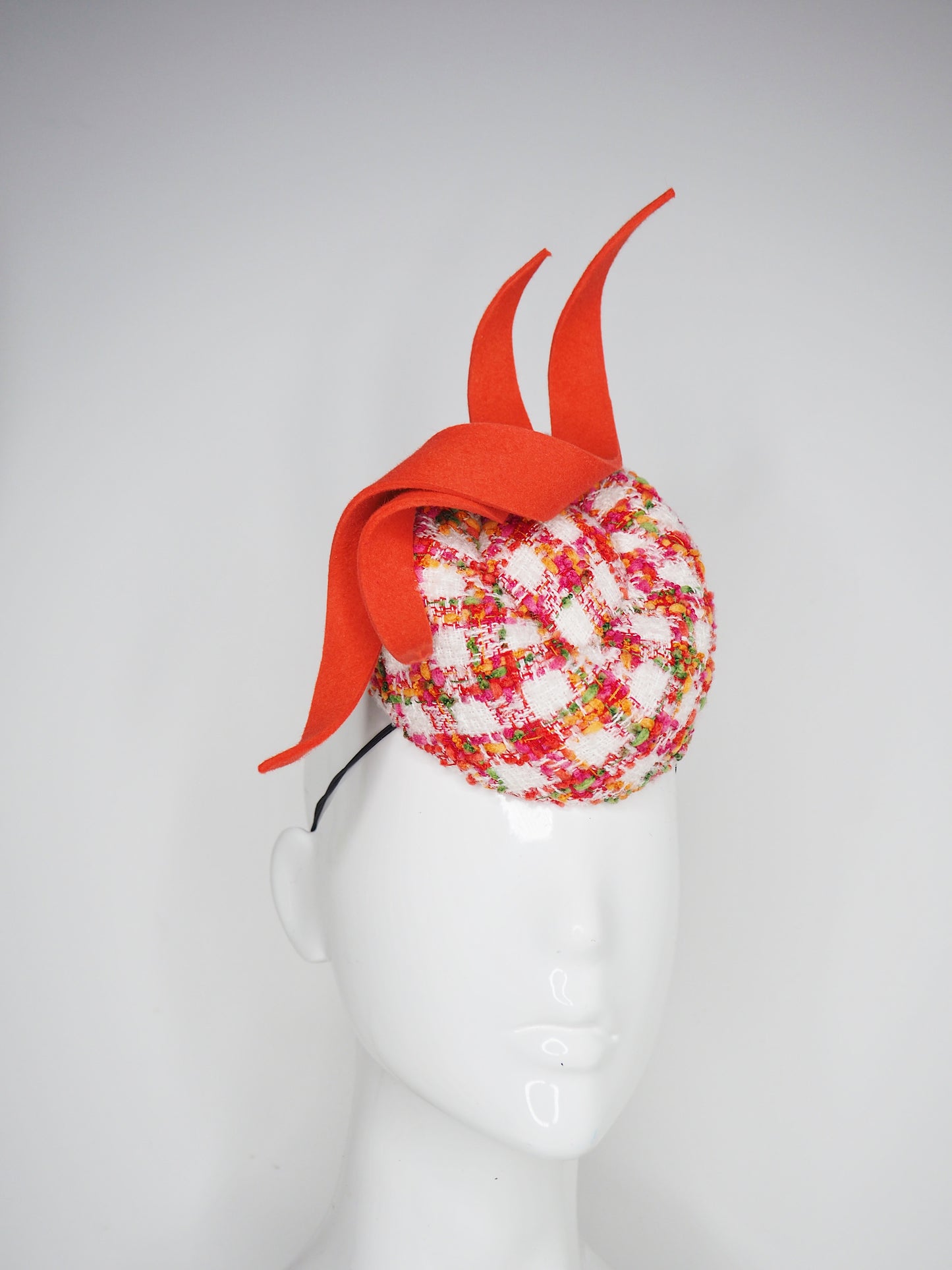 Coral pop - Multicolour tweed pork pie pillbox with coral fur felt swirls.