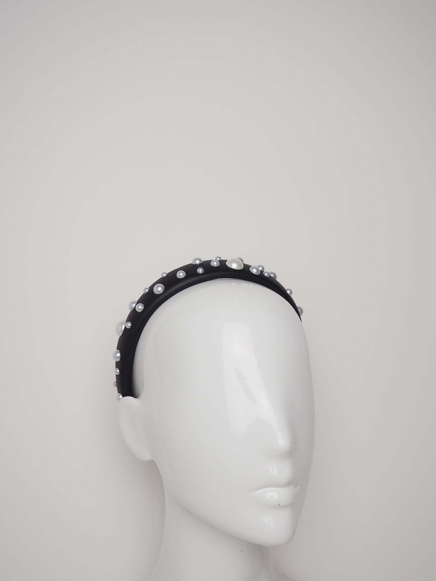 Zoe Pearl - Black Leather padded headband with pearl detail
