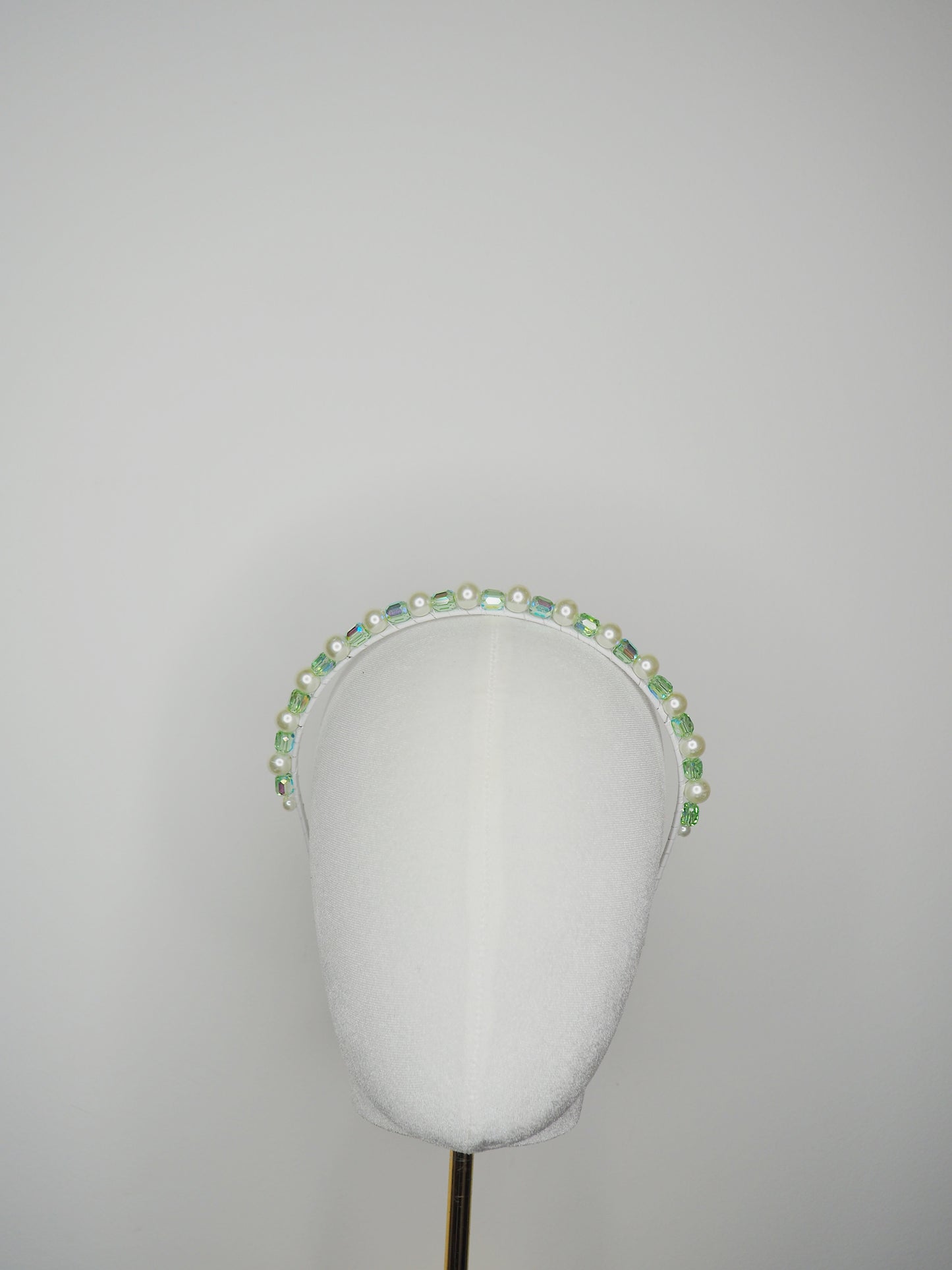 Alexa - green glass bead and pearl headband with delicate iridescent effect