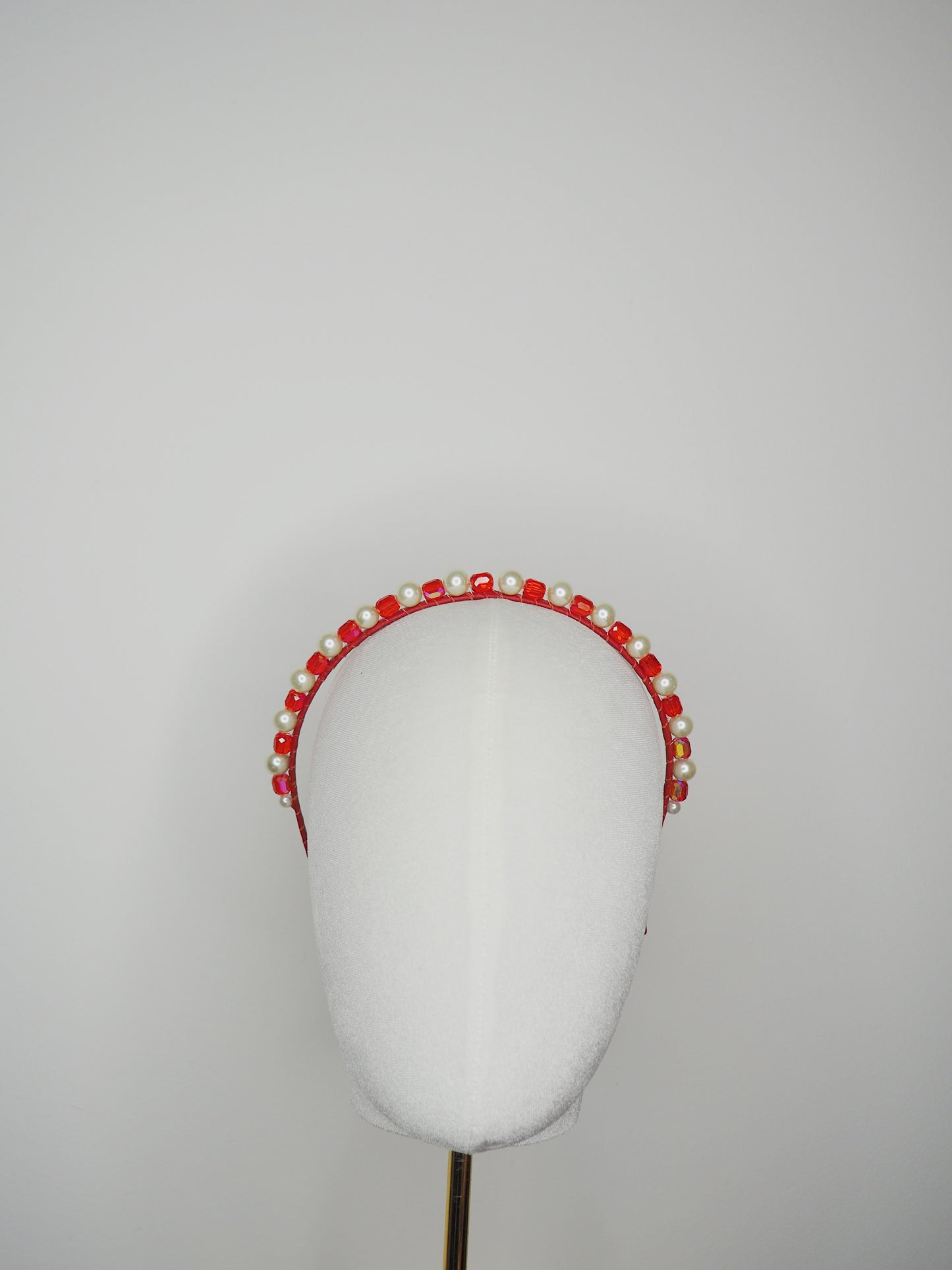 Alexa - red glass bead and pearl headband with delicate iridescent effect