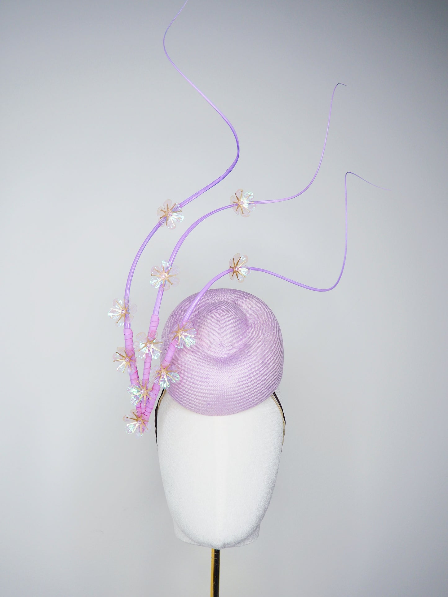 Blossoms in Flight - Pastel lilac pork pie pillbox with floating quills and iridescent cherry blossom detail