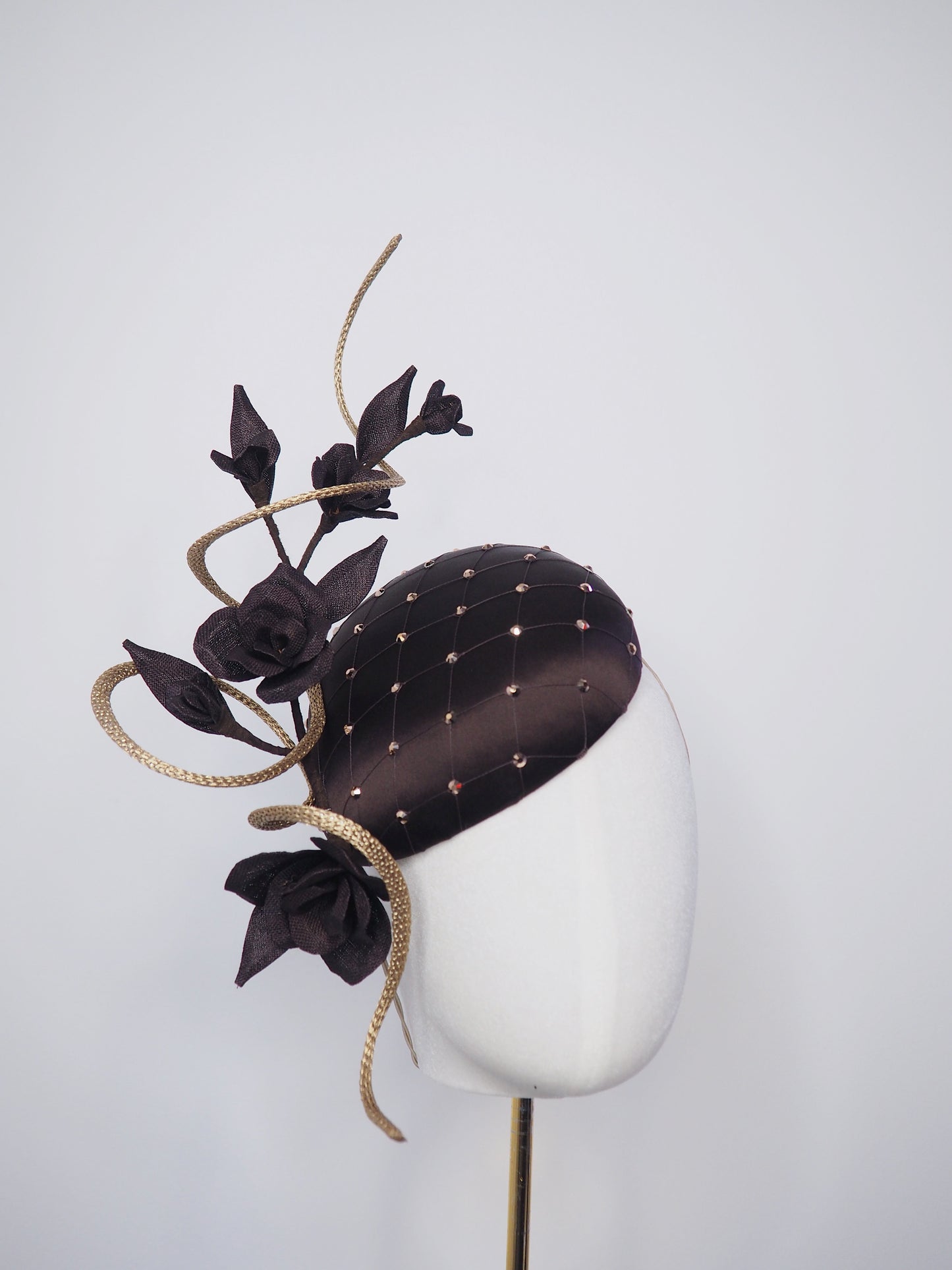 Cocoa Latte - Petite chocolate brown silk facehugger with vintage veil and rose gold crystal detail, sculpted wired swirl, and vintage straw roses