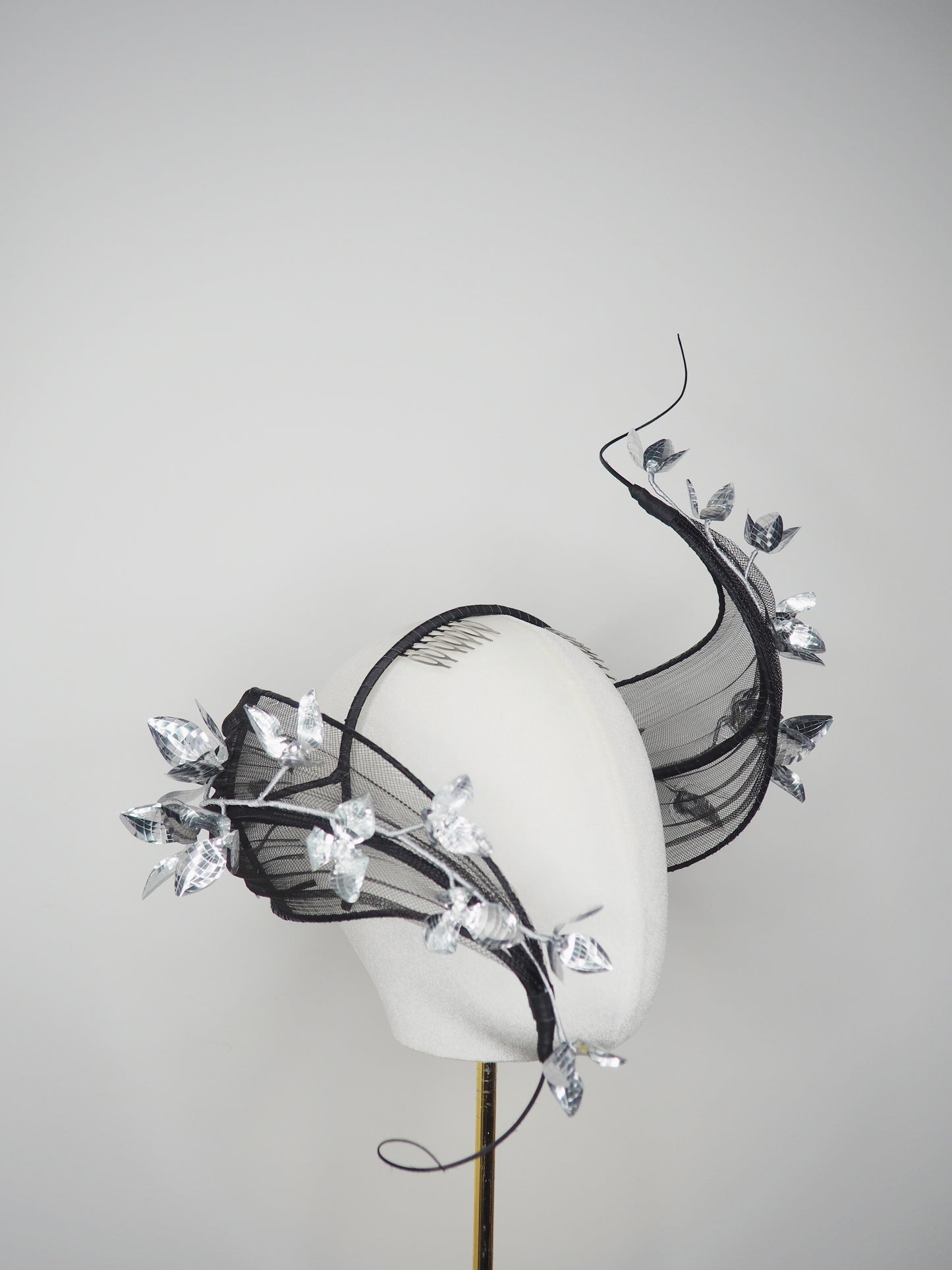 Twilight blossom - Sculptural wire pleated crinoline swirl headband with silver floral accent