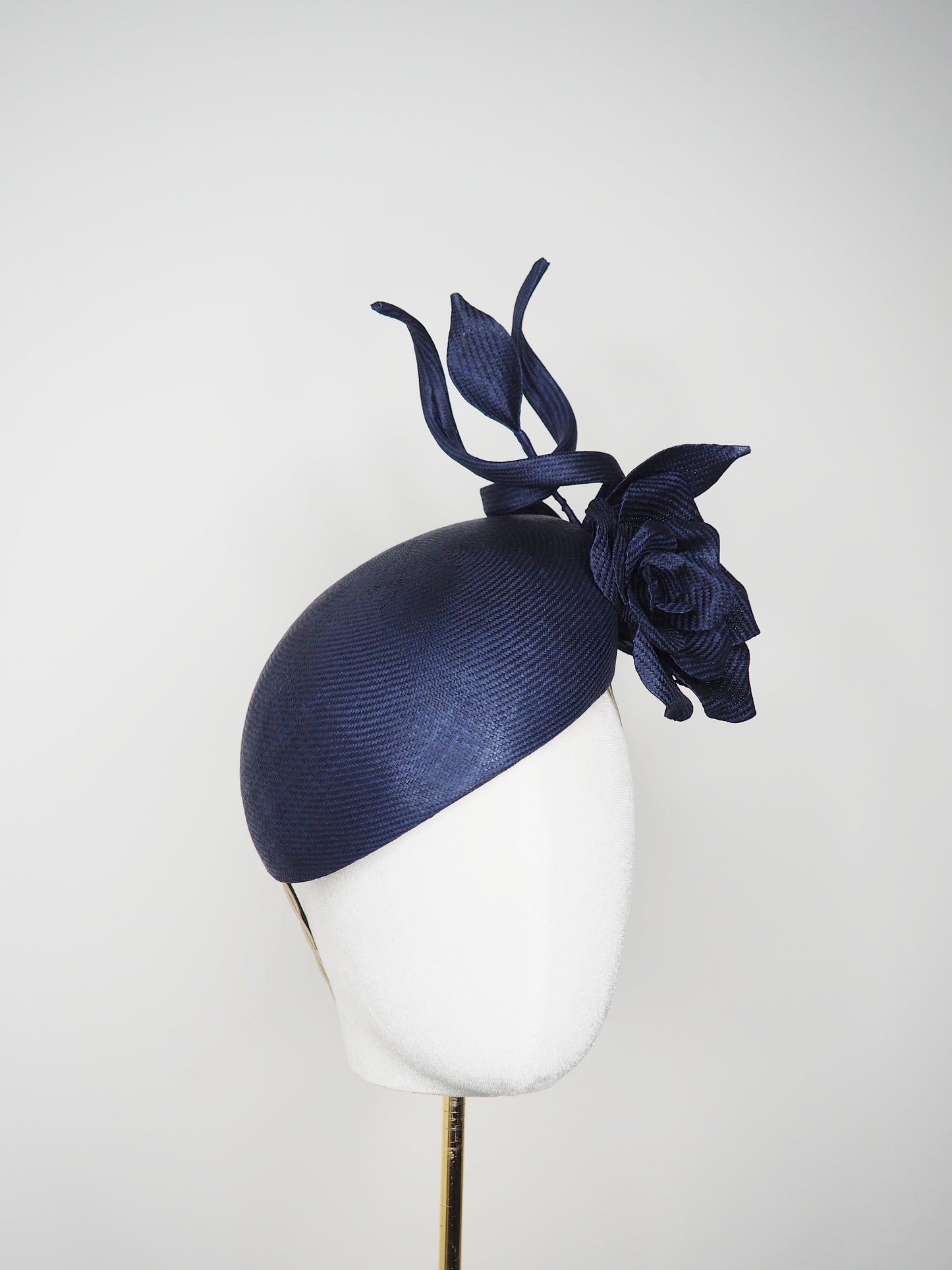 Ink in Bloom - ultra fine vintage Ink navy Blue straw headpiece with hand-sculpted rose and wired swirls