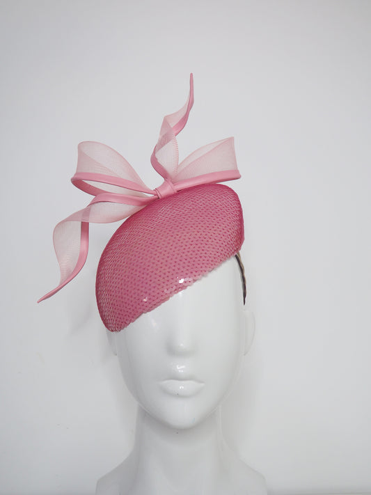 Dusty Rose- Dusty rose hand dyed sequin face hugger beret with pink leather edged crinoline bow.