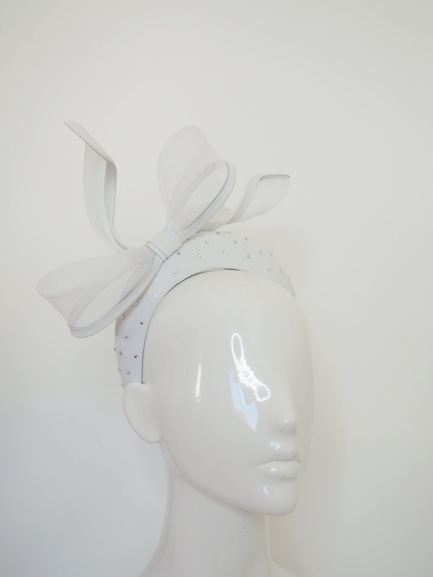 Little Bow Peep -White Leather 3d headband with leather edged bow and crystal detail