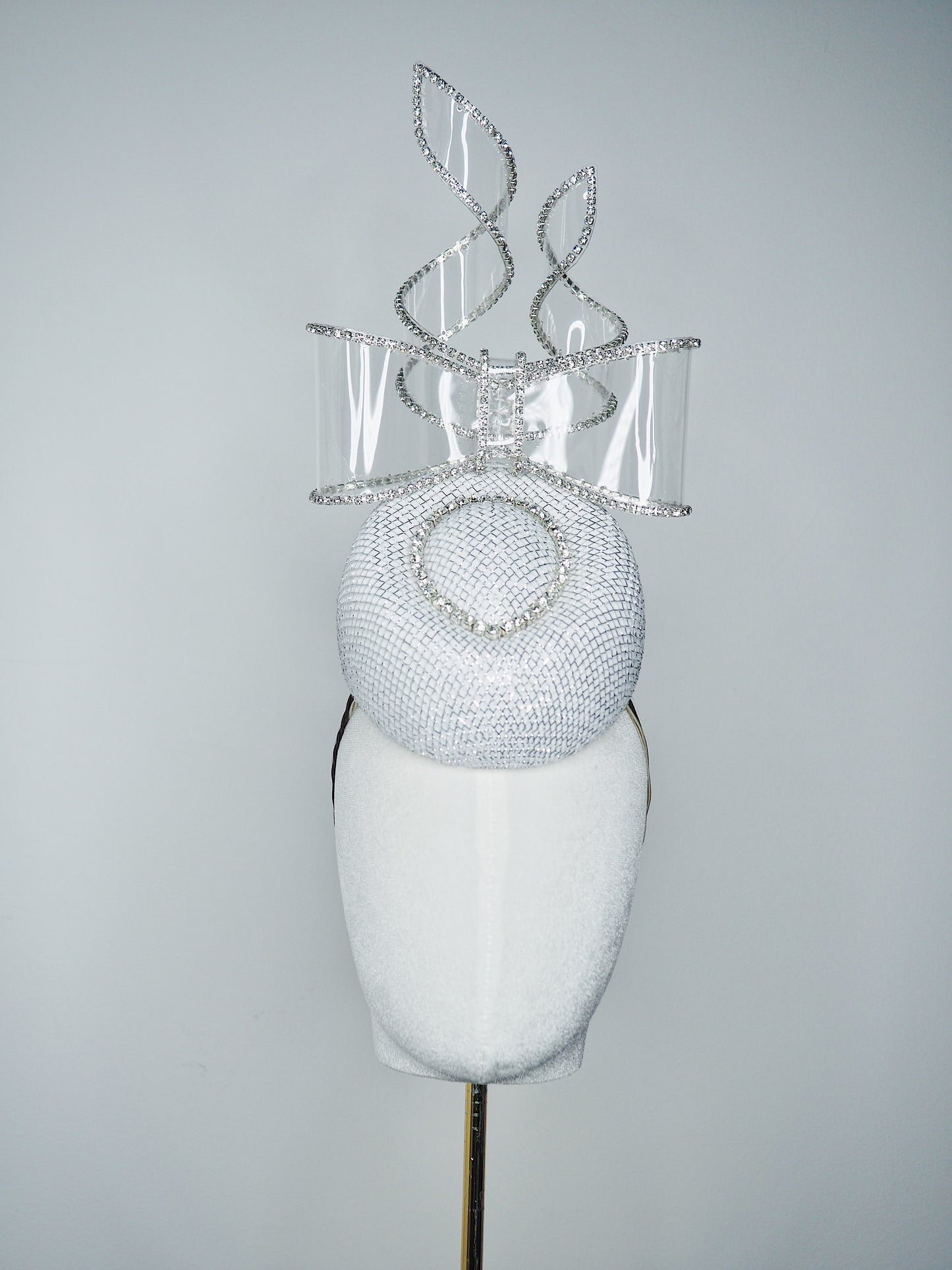 Bow & Grace - white and silver lurex Pork pie pillbox with embellihed crystoform bow