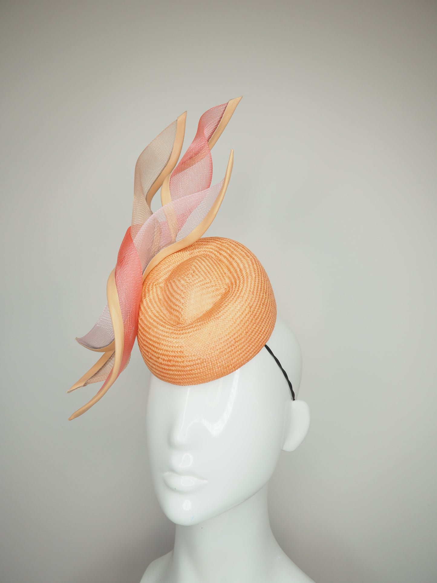 Just Peachy - Mandarin parisisal straw porky pie pillbox with leather edged crinoline swirls
