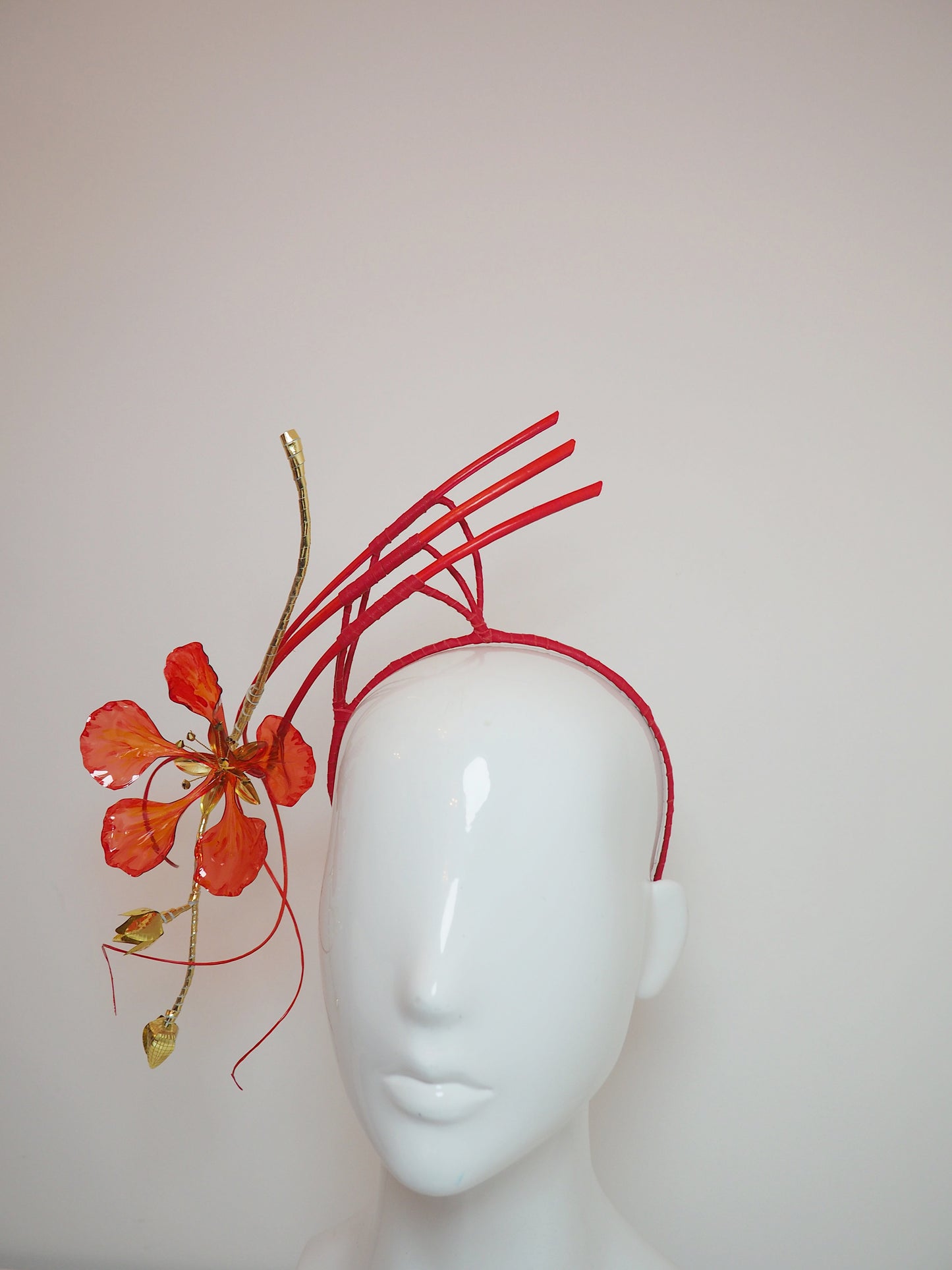 Paint the Town Red - Painted crystoform Flame Tree Bloom with golden buds and a flourish of quills