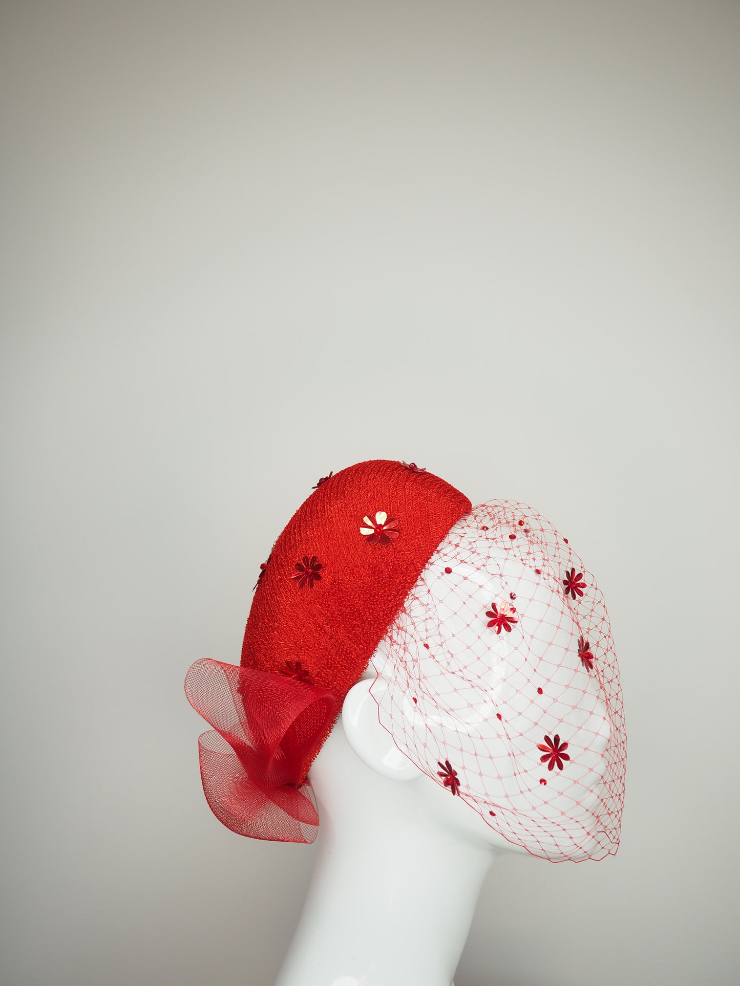 Blushing Bride - Red vintage straw pillbox with beaded sequin flower detail and crystal veil