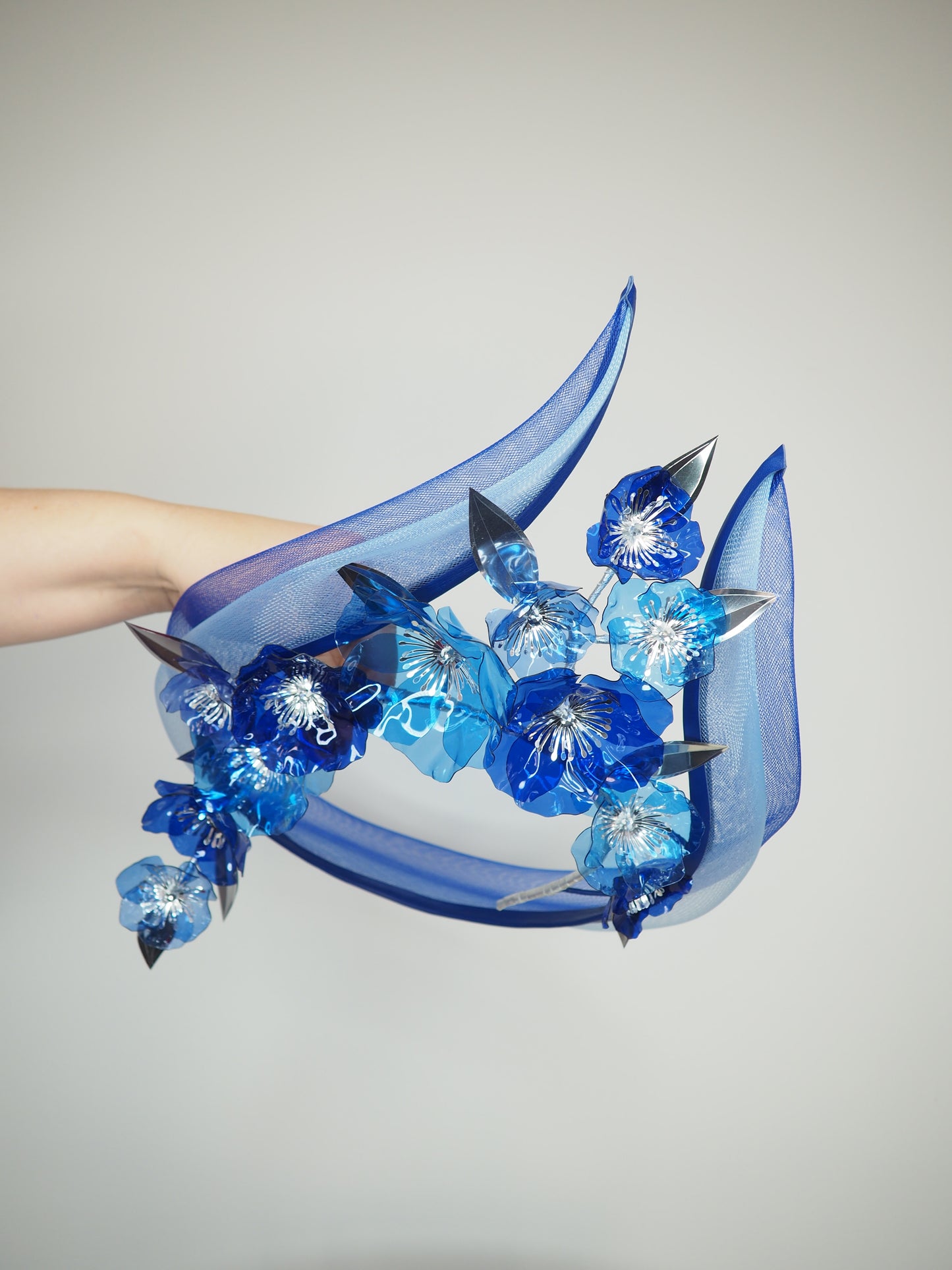 Blue without you - Blue wired headband with crinoline flourish and crystoform flower cascade