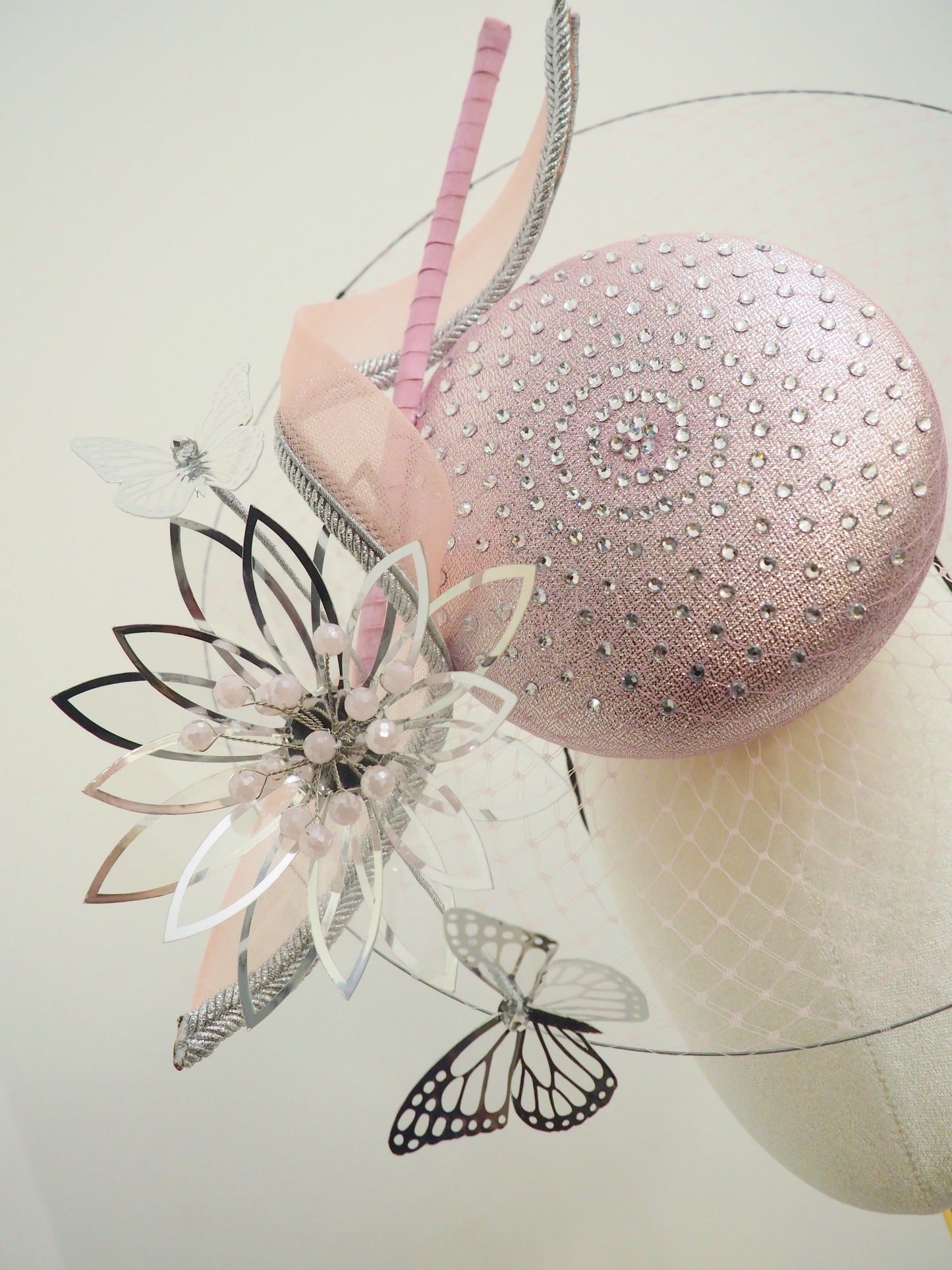 Gently does it - Baby pink veilled percher with silver butterflies and flower detail
