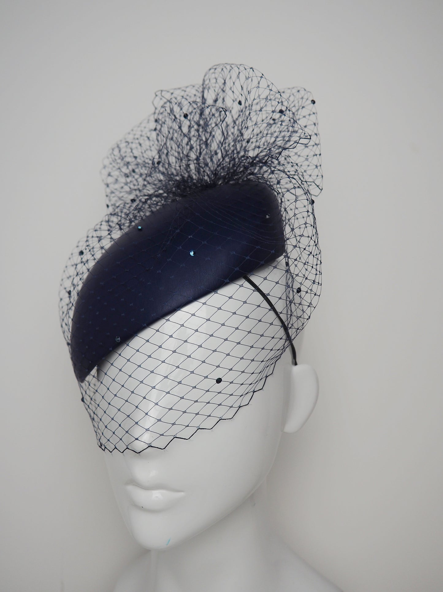 Navy Clouds - Delicate navy leather face-hugger with Diamanté veil