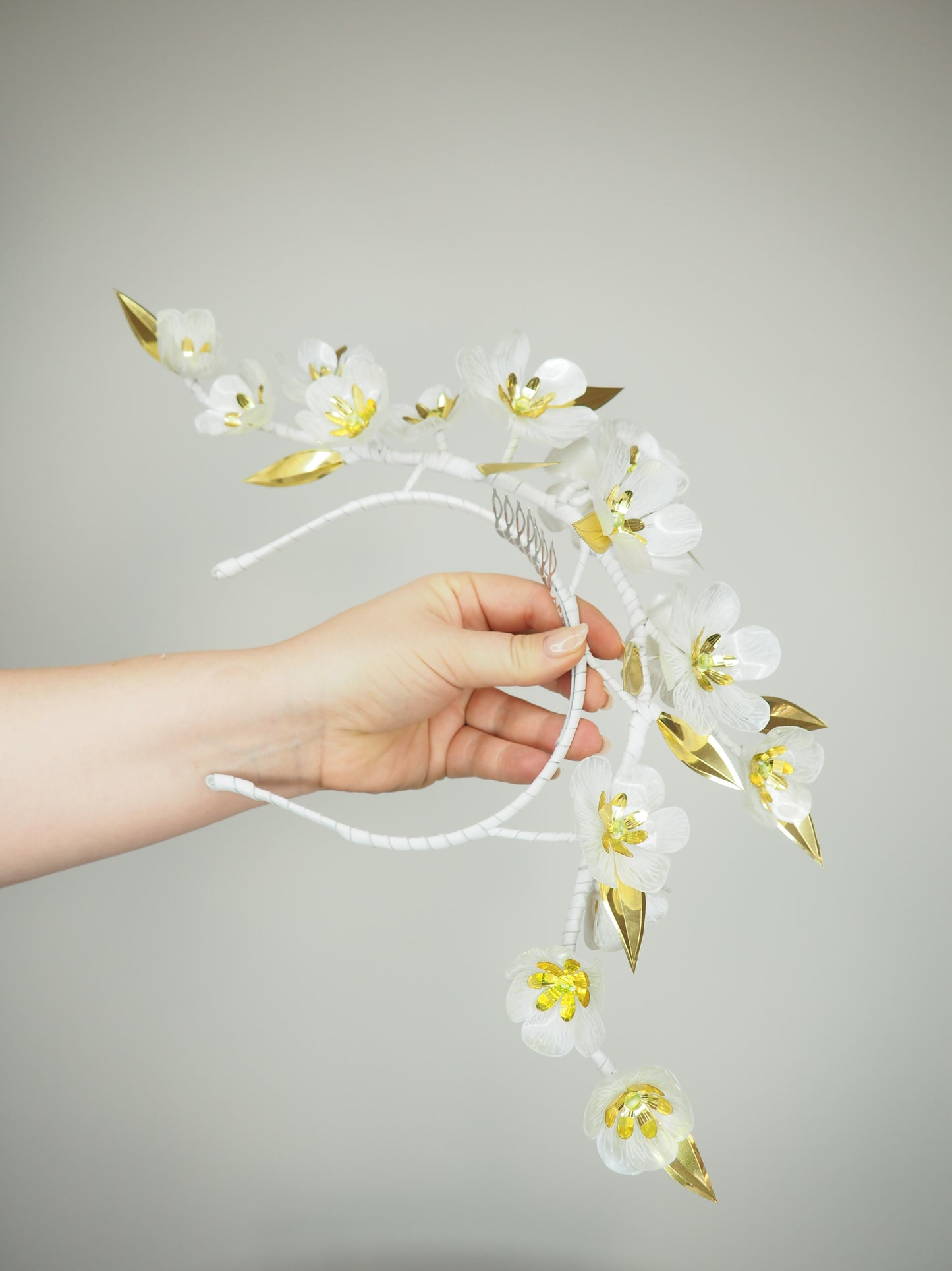 Dancing Diphylleia - Cascading skeleton flowers dancing across a leather wrapped headband