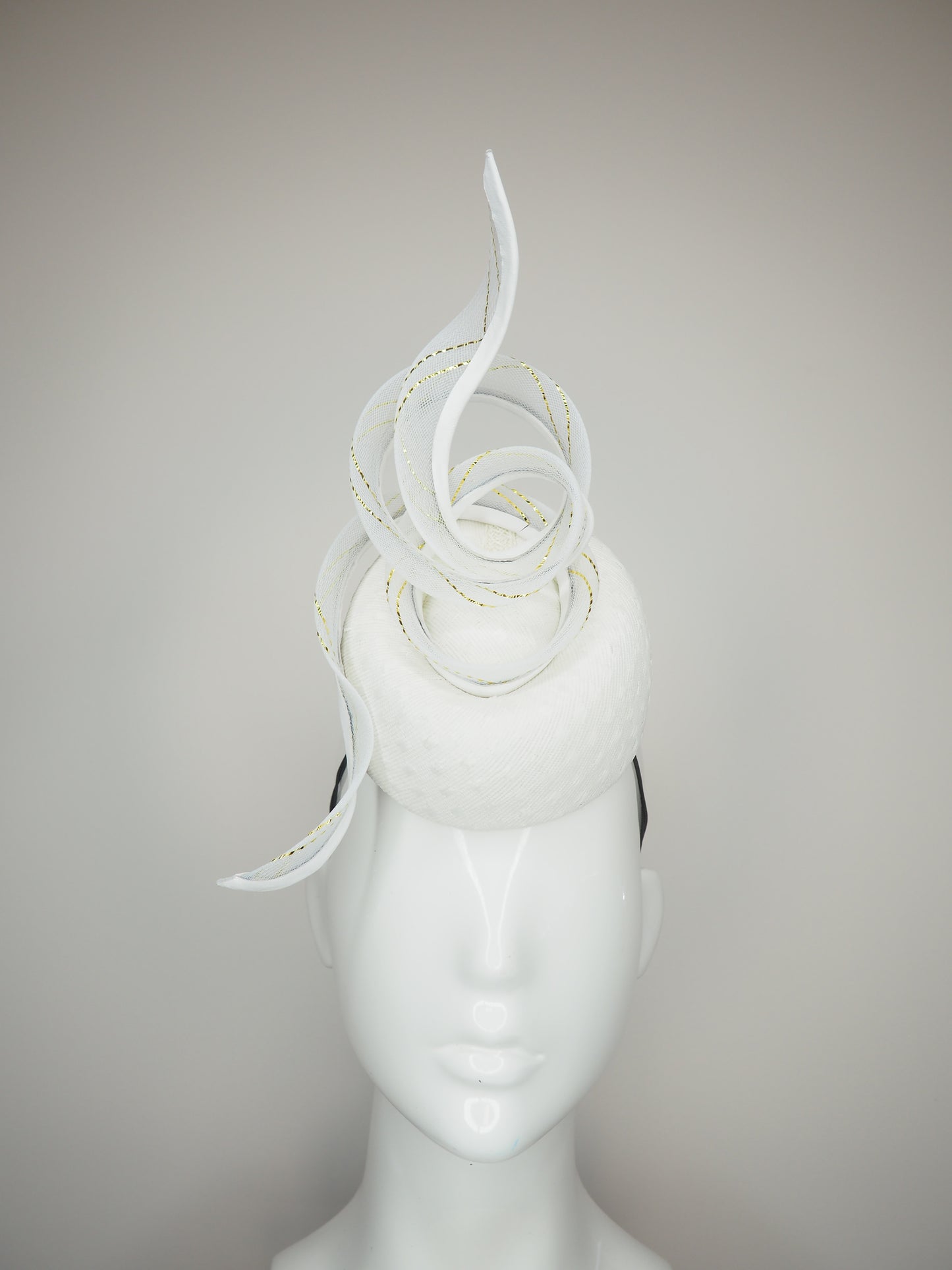 White Whisper - White pork pie pillbox with crinoline swirl with gold lurex threads