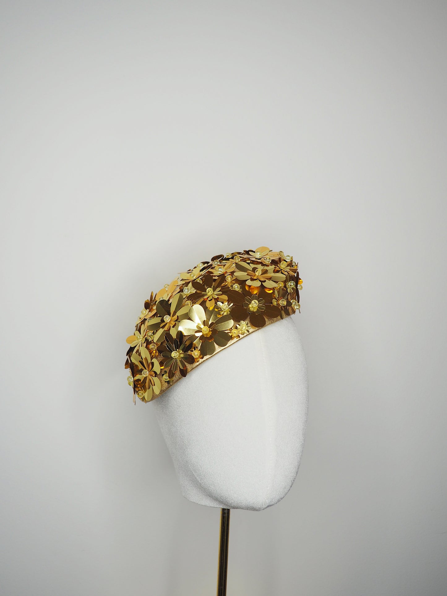 Blossom - Gold Two toned beaded Sequin flower on gold fabric beret