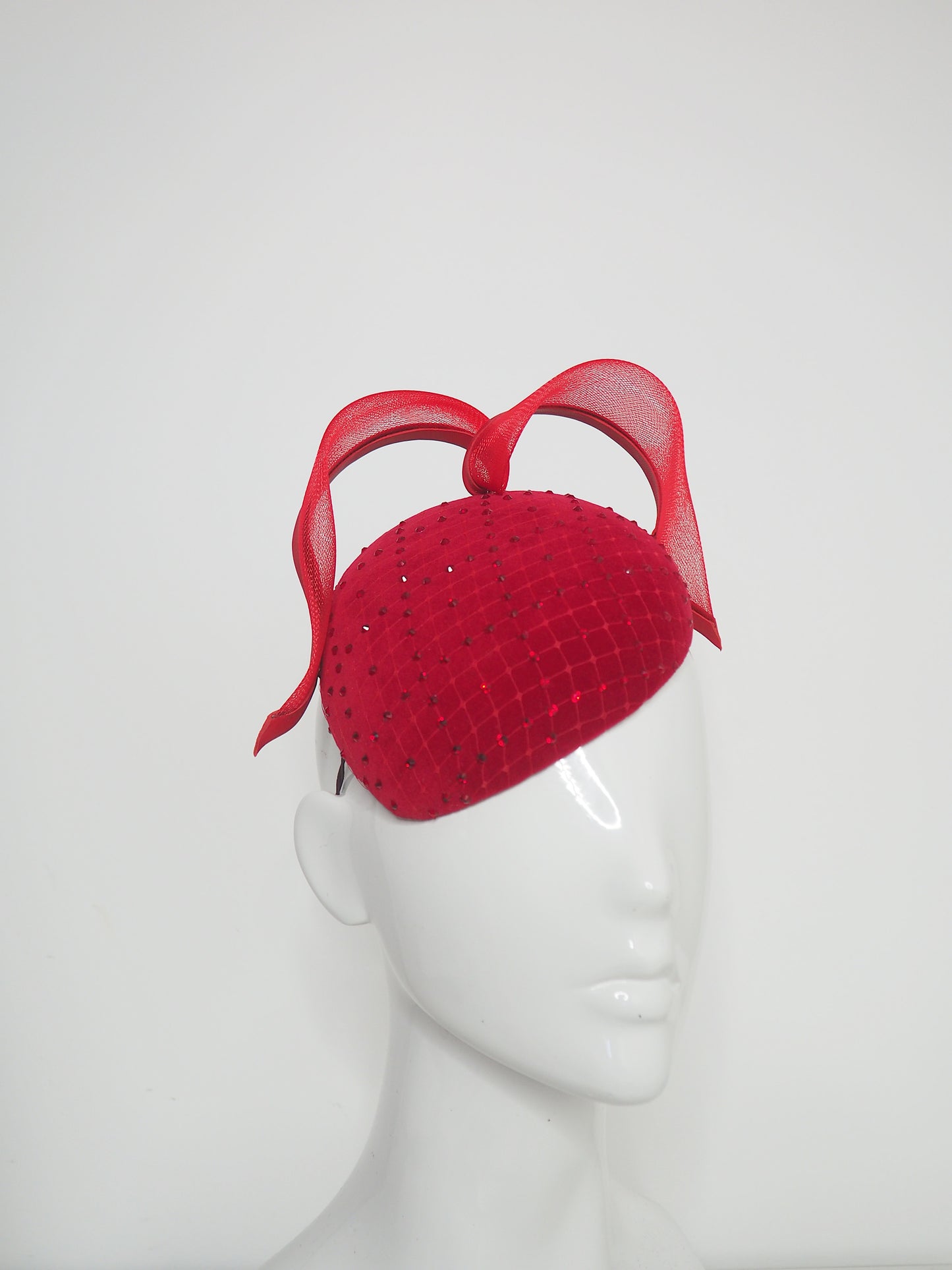 Petite Heart - Petite red velvet face hugger with cross hatch diamanté and veil detail an heart crin swirl