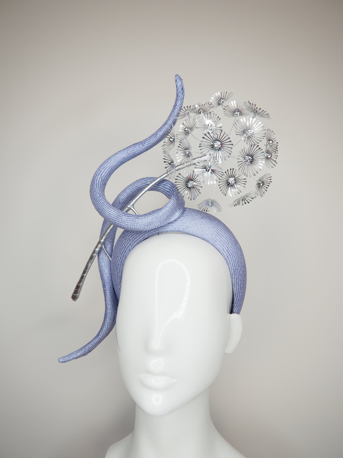 Dandelion delight - periwinkle parisisal straw headband with silver beaded sequin dandelion