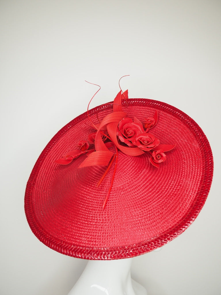 Fever dreams - Red buntal straw curved saucer brim with rose vine and jinsin swirls
