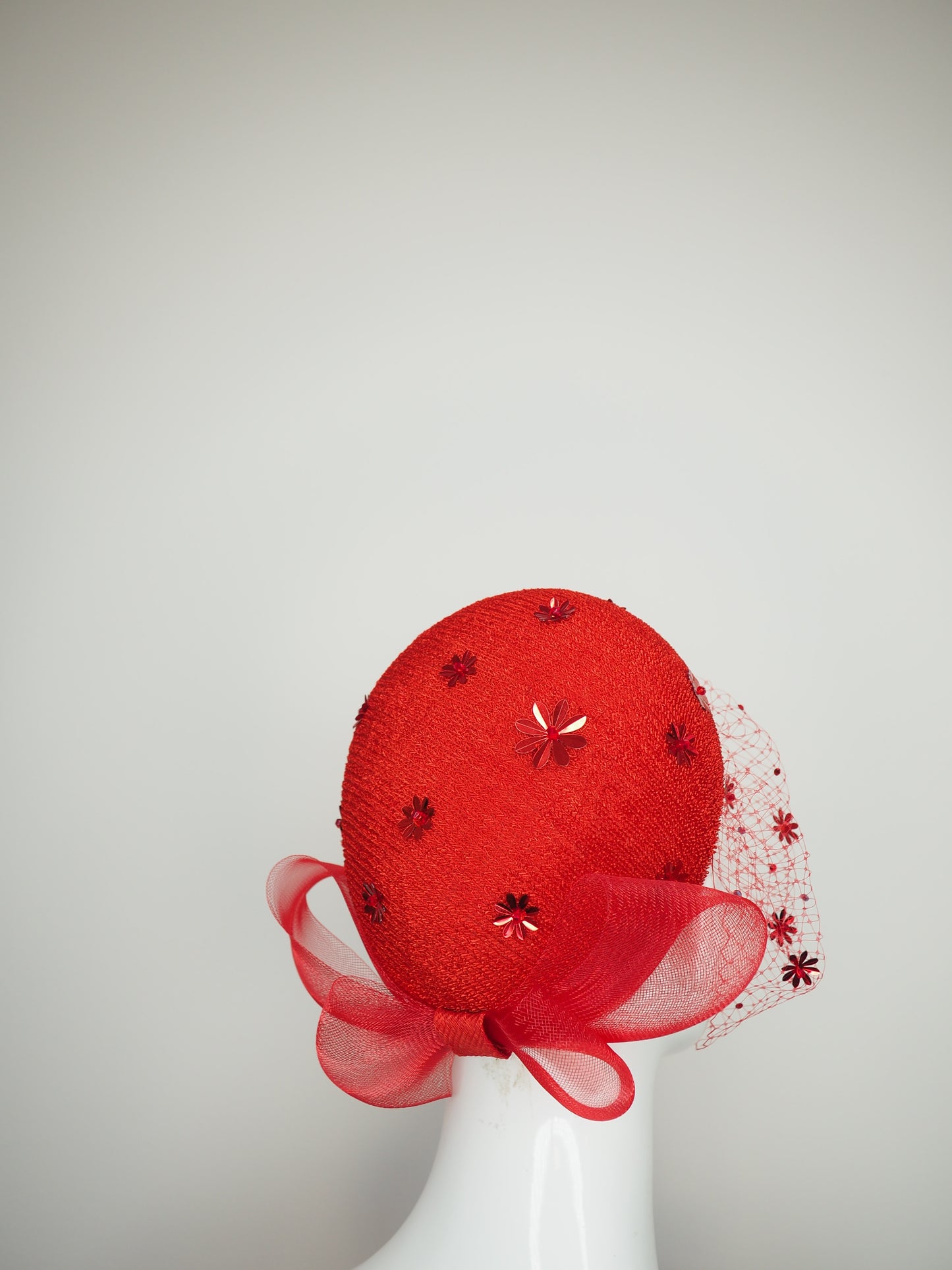 Blushing Bride - Red vintage straw pillbox with beaded sequin flower detail and crystal veil