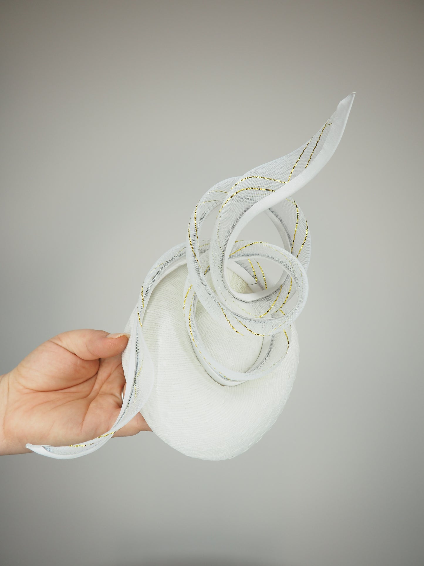 White Whisper - White pork pie pillbox with crinoline swirl with gold lurex threads