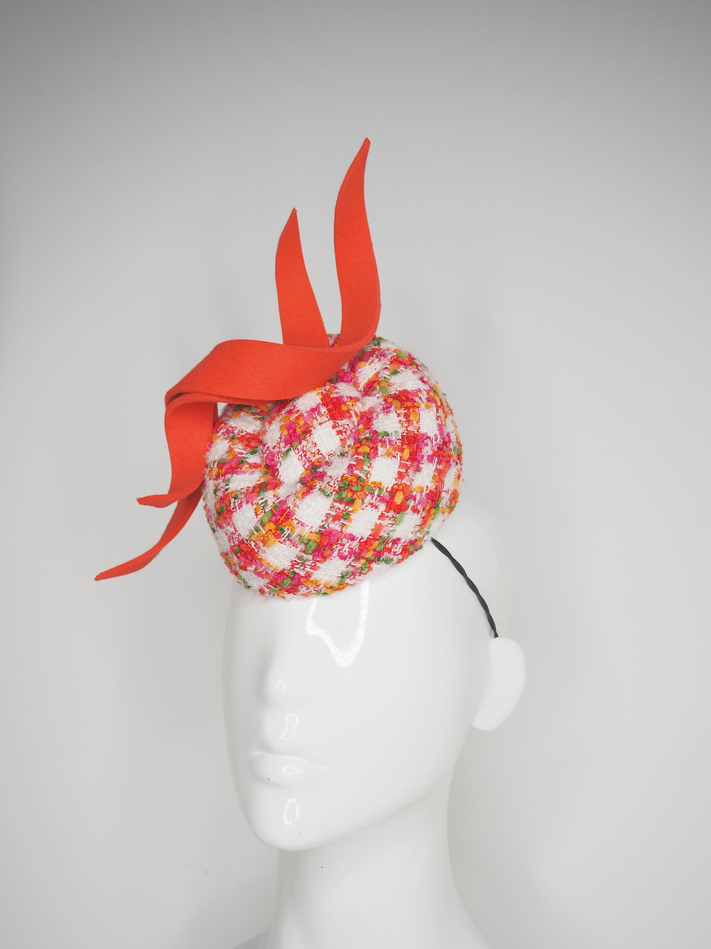 Coral pop - Multicolour tweed pork pie pillbox with coral fur felt swirls.