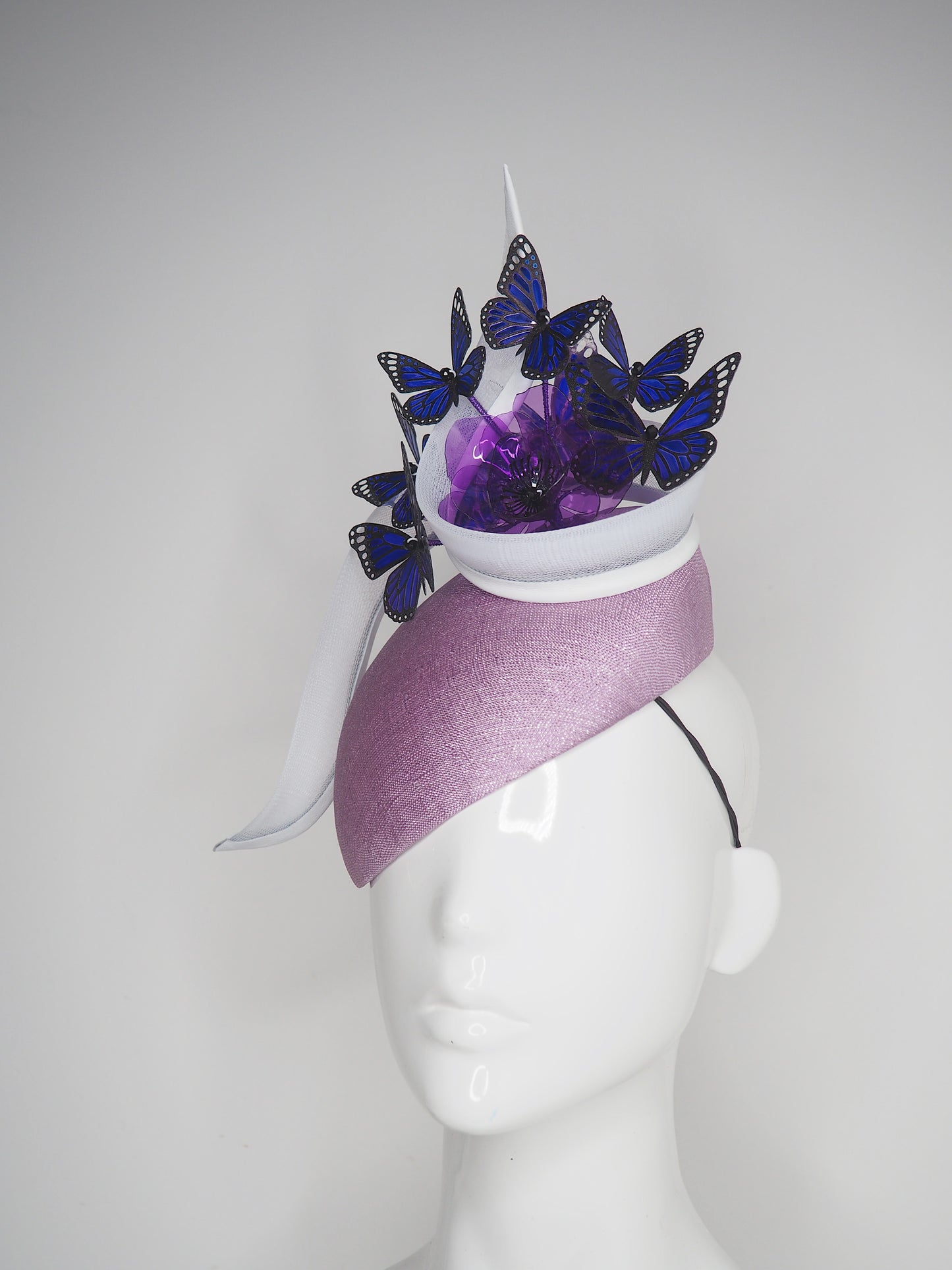 Butterfly Bloom - Hand painted indigo butterflies on a facehugger base with a purple crystoform bloom