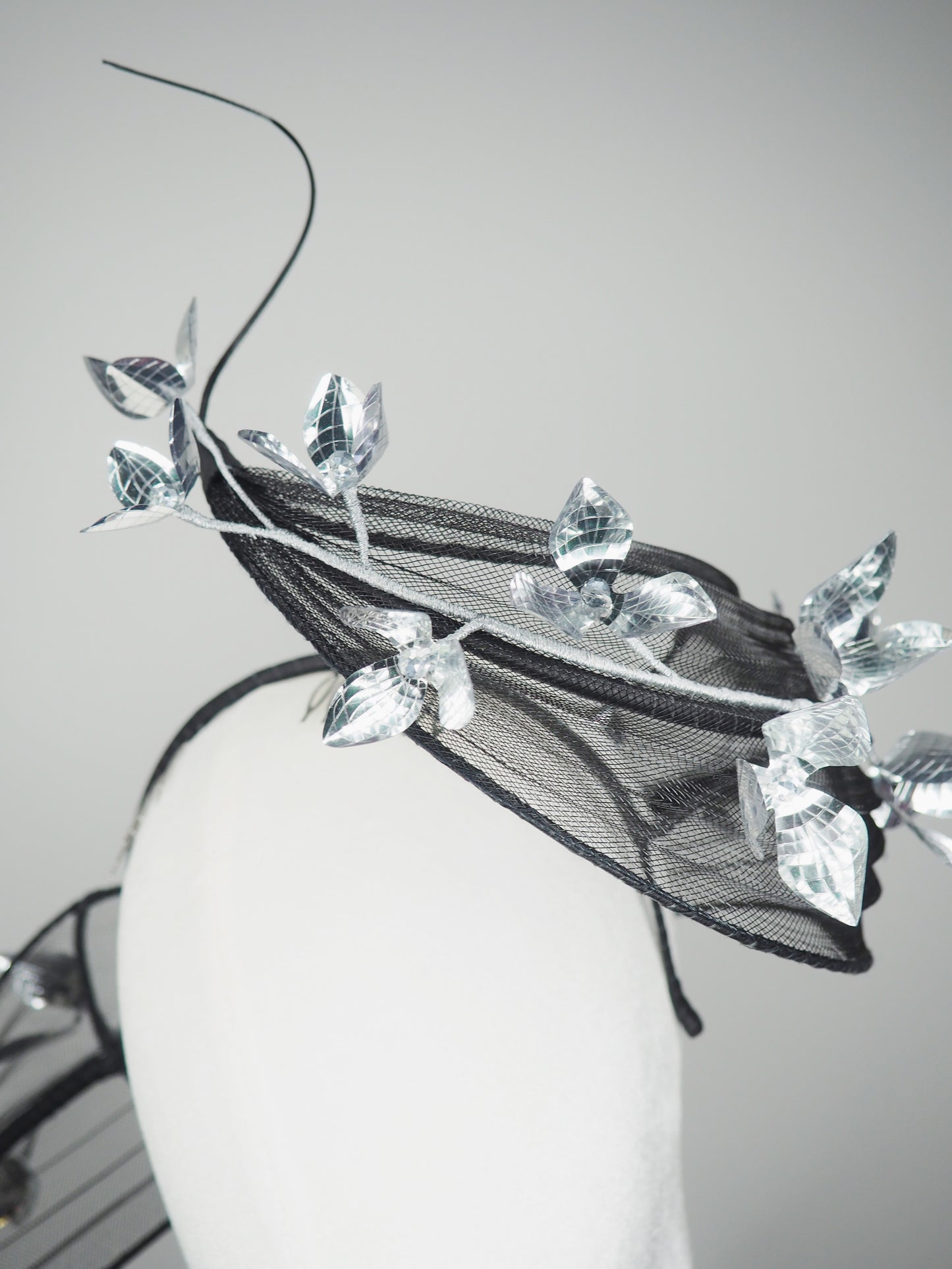 Twilight blossom - Sculptural wire pleated crinoline swirl headband with silver floral accent