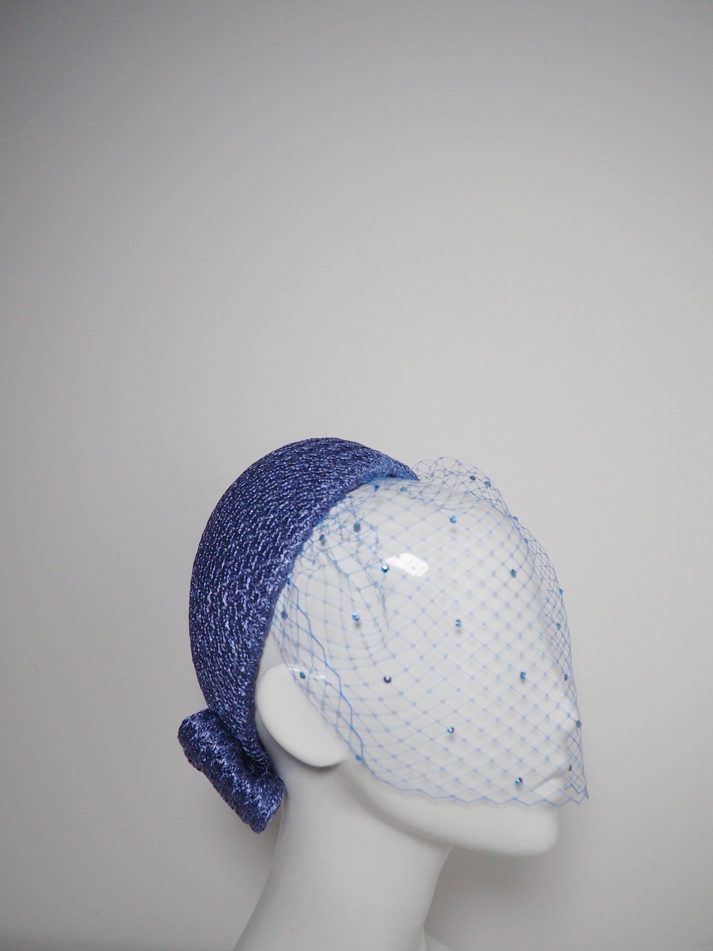 Pretty Little Thing - Periwinkle vintage straw pillbox with bow detail and ceylon sapphire crystal embellished veil