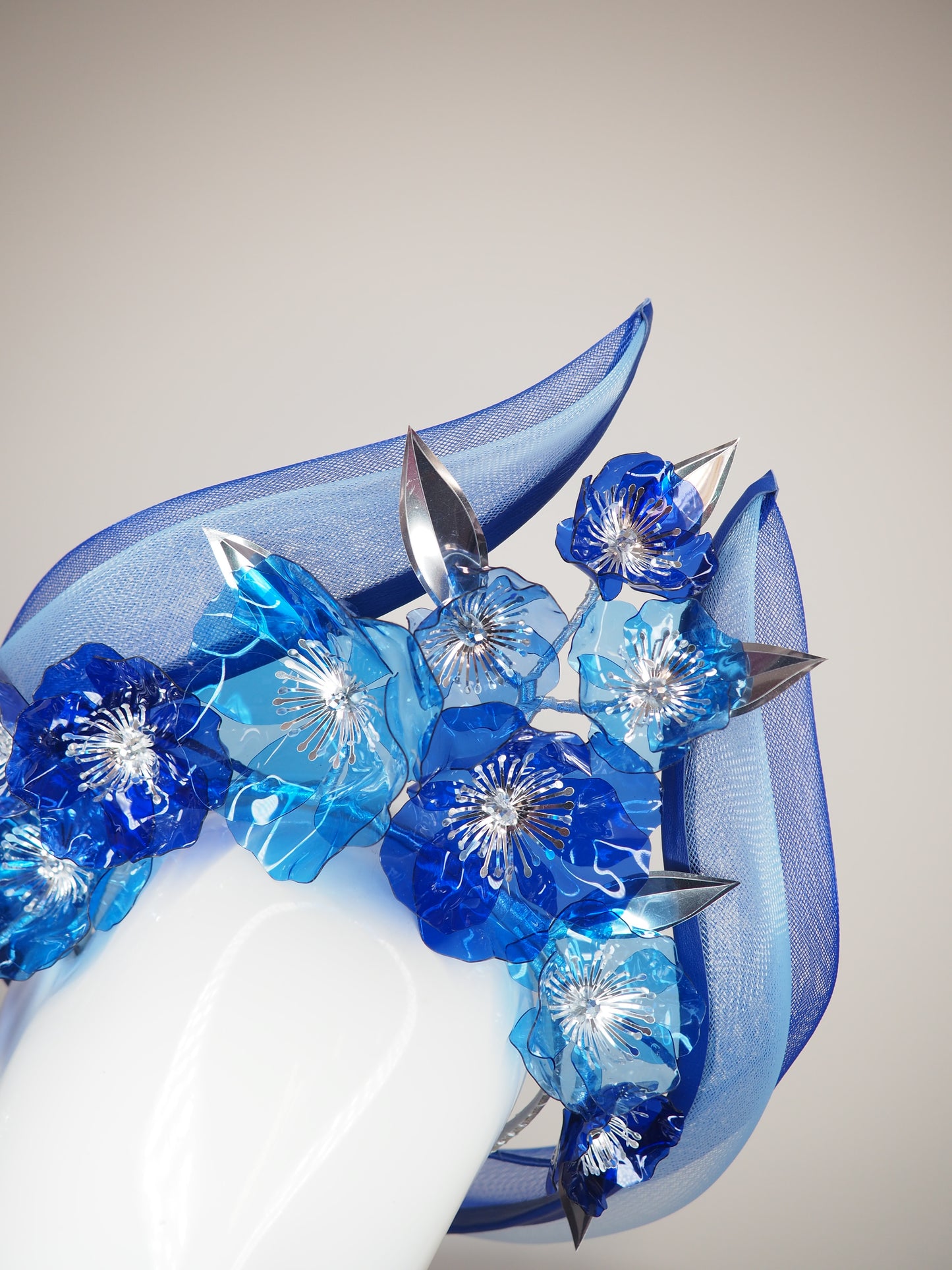 Blue without you - Blue wired headband with crinoline flourish and crystoform flower cascade