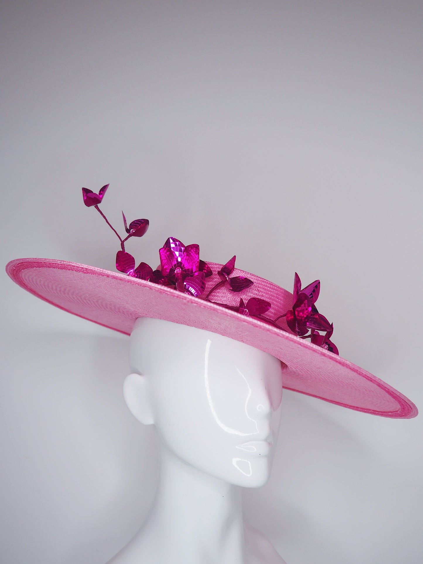 Shades of pink - Wide brimmed boater with shallow crown and magenta blossom vine