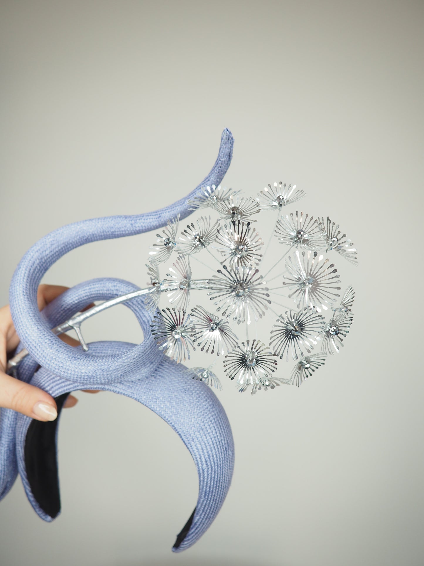 Dandelion delight - periwinkle parisisal straw headband with silver beaded sequin dandelion
