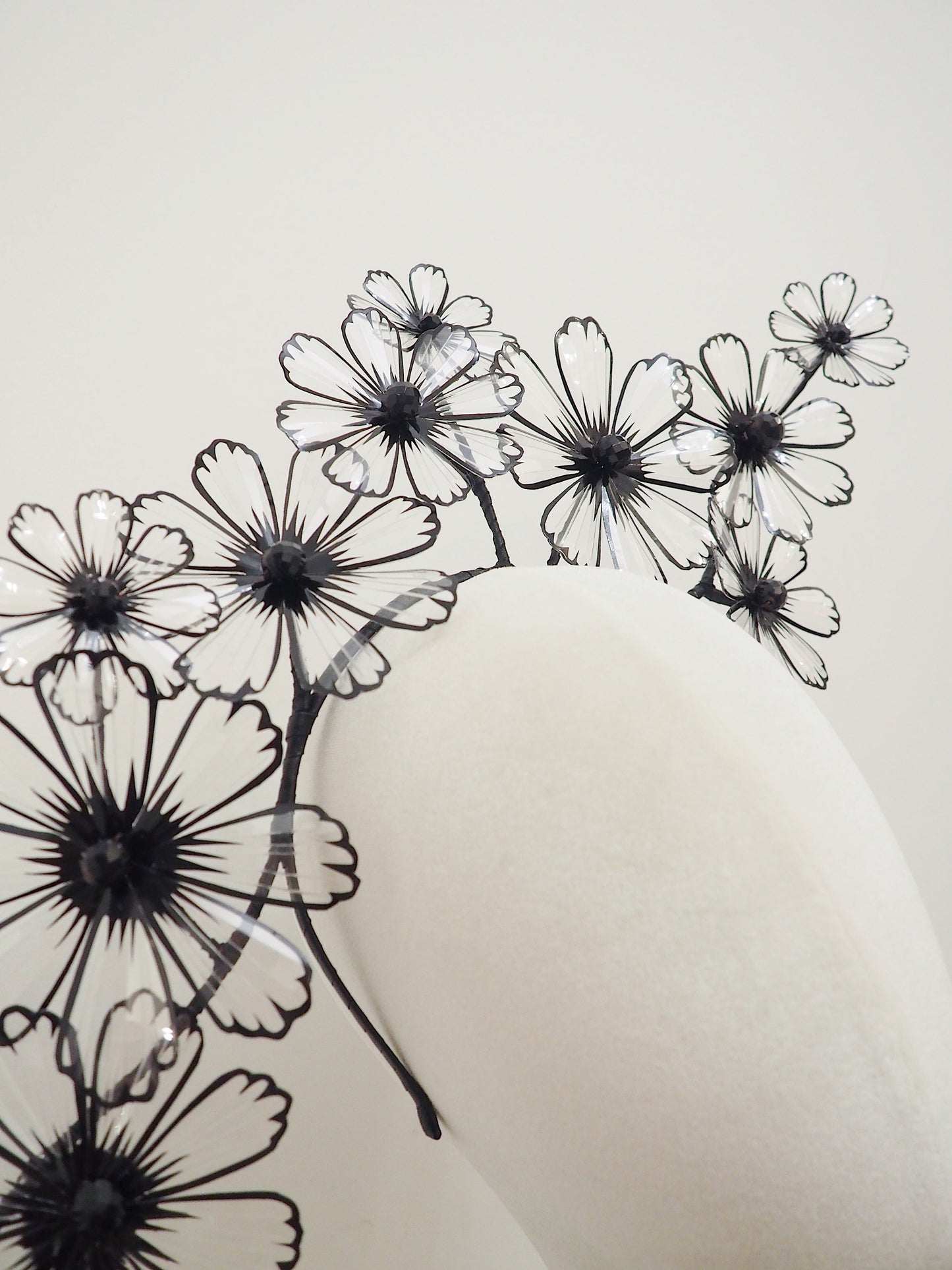 Cosmo Shaddow - Black and transparent Crystoform cosmo flowers on a leather wrapped headband